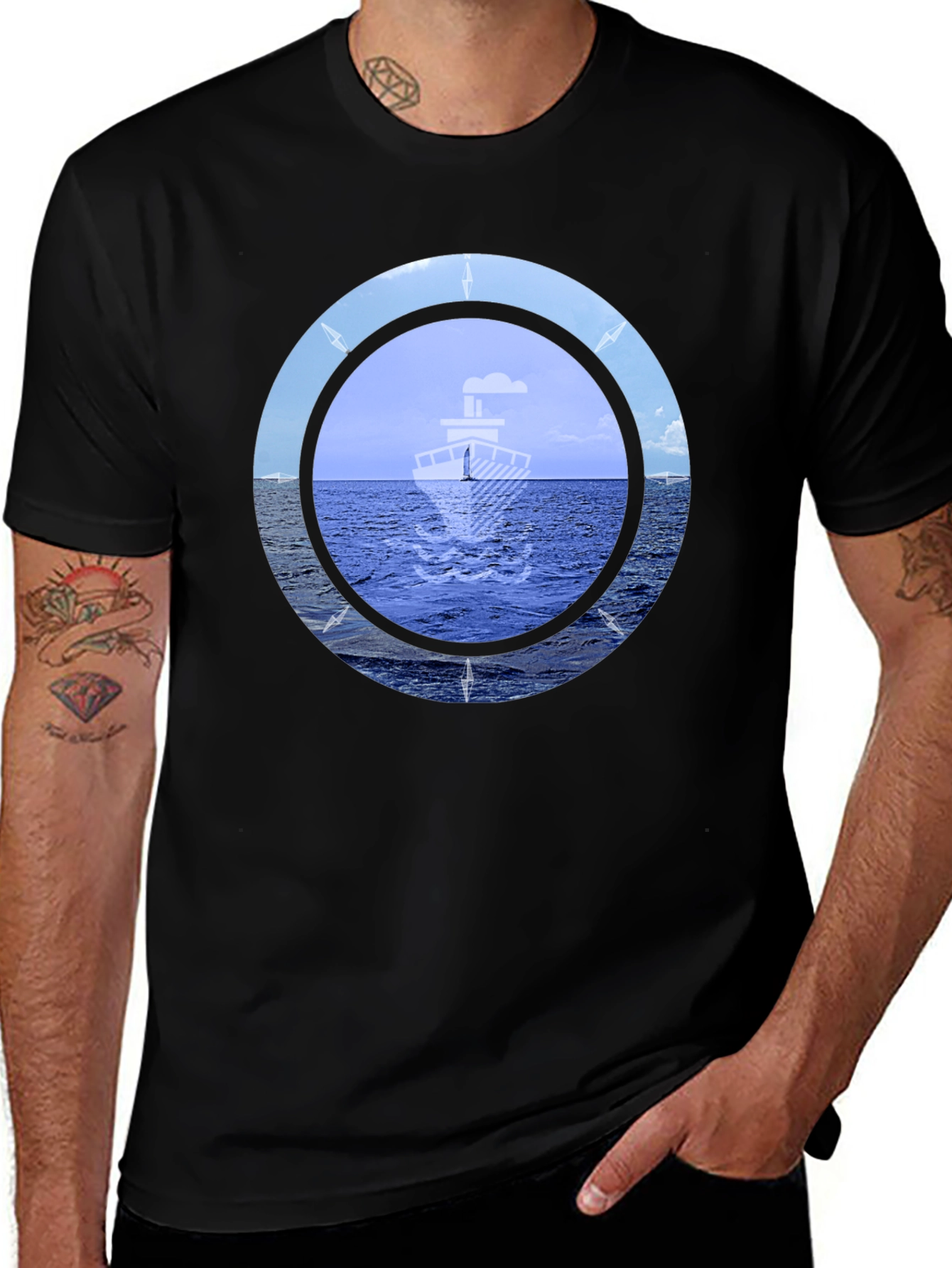 Nautical Compass Graphic T-Shirt - Black