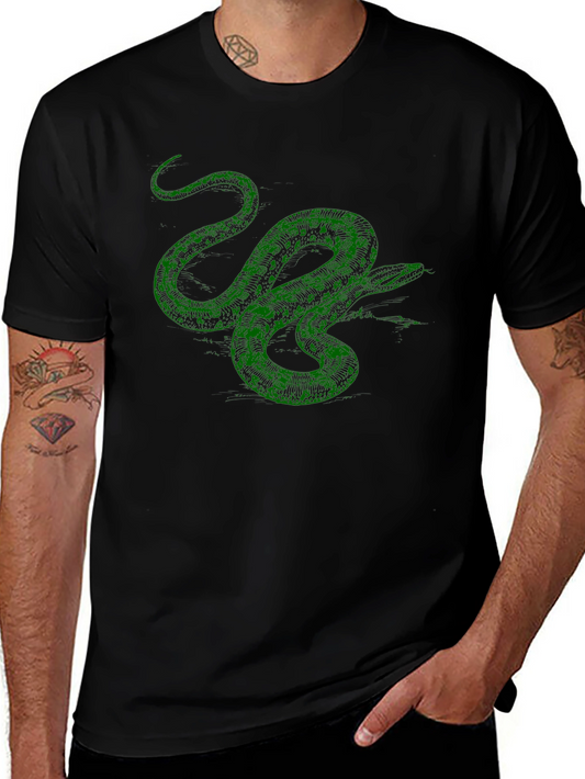 Green Snake Graphic Print Black T-Shirt