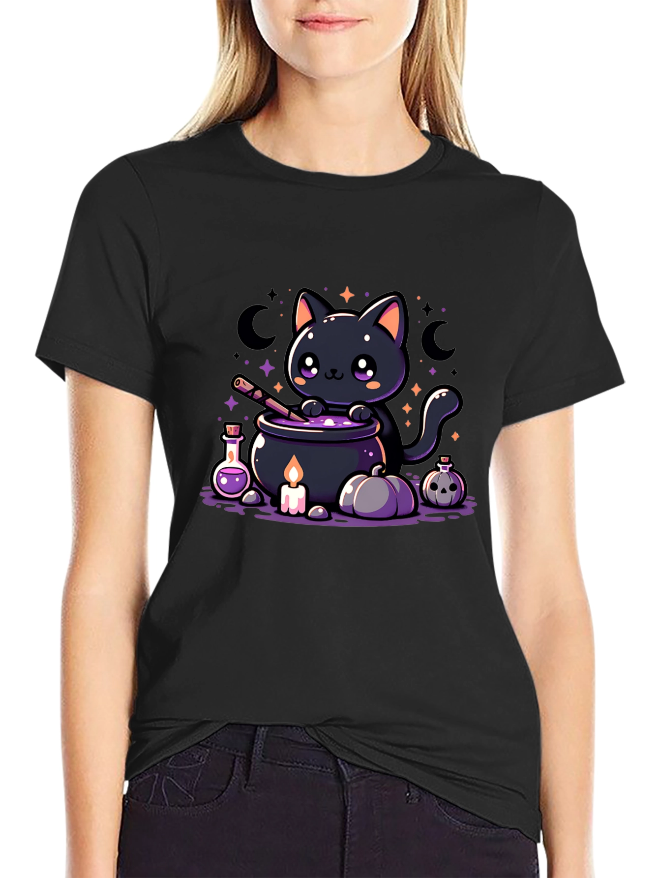 Kawaii Halloween Black Cat Potion Brewing T-Shirt