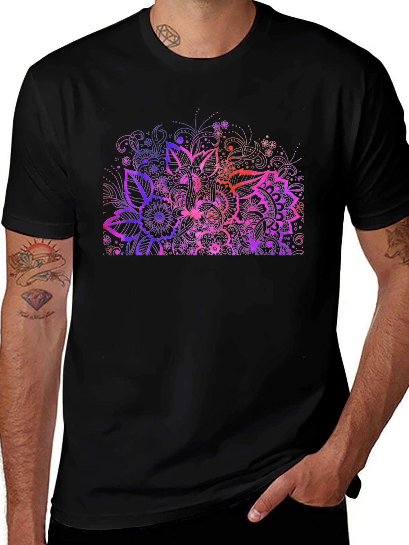 Floral Mandala Graphic Print Black T-Shirt