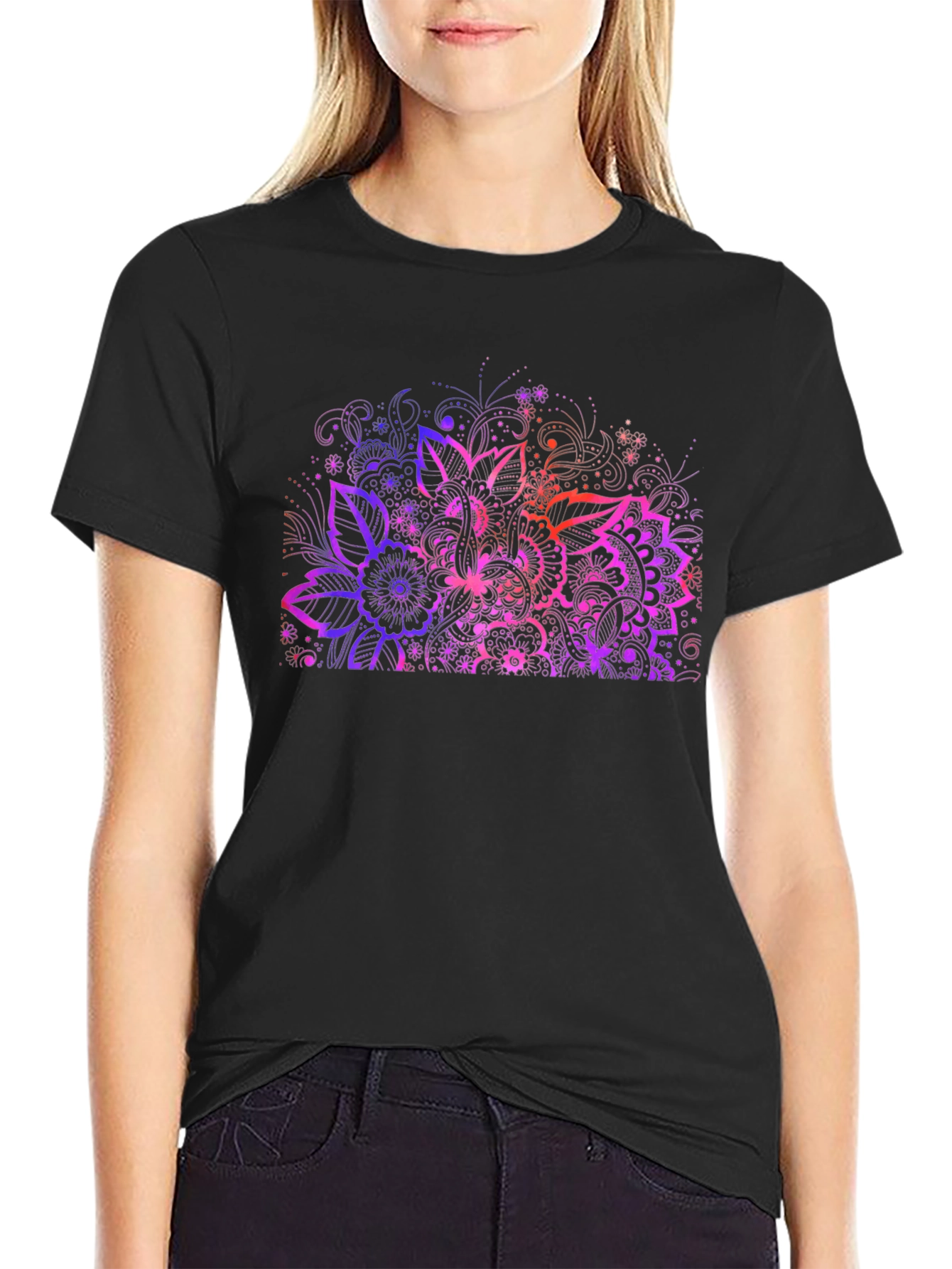 Floral Mandala Graphic Print Black T-Shirt