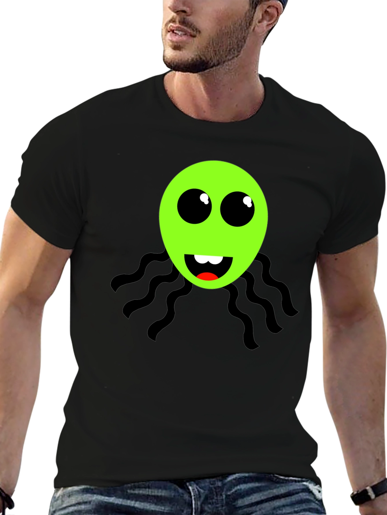 Funky Green Alien Face Black T-Shirt