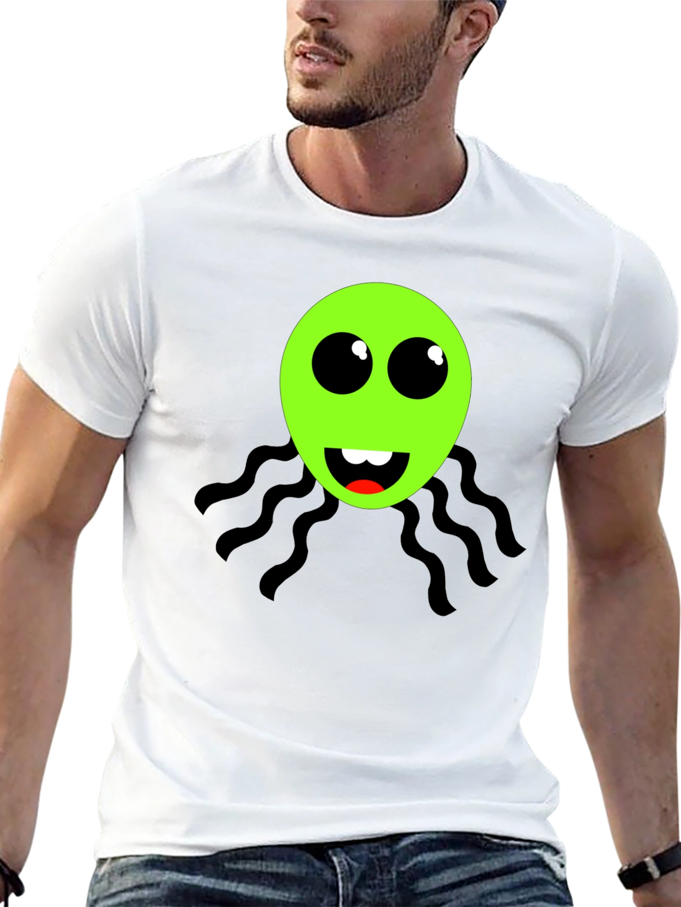 Funky Green Alien Face Black T-Shirt