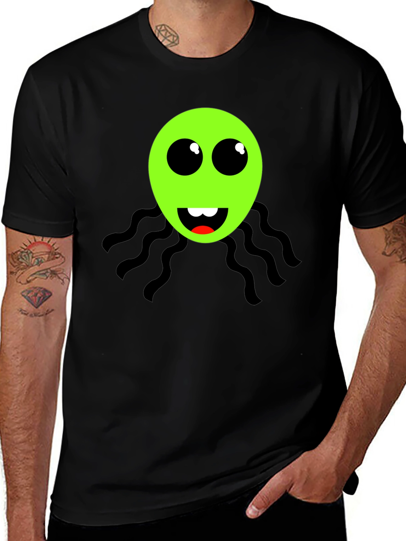 Funky Green Alien Face Black T-Shirt