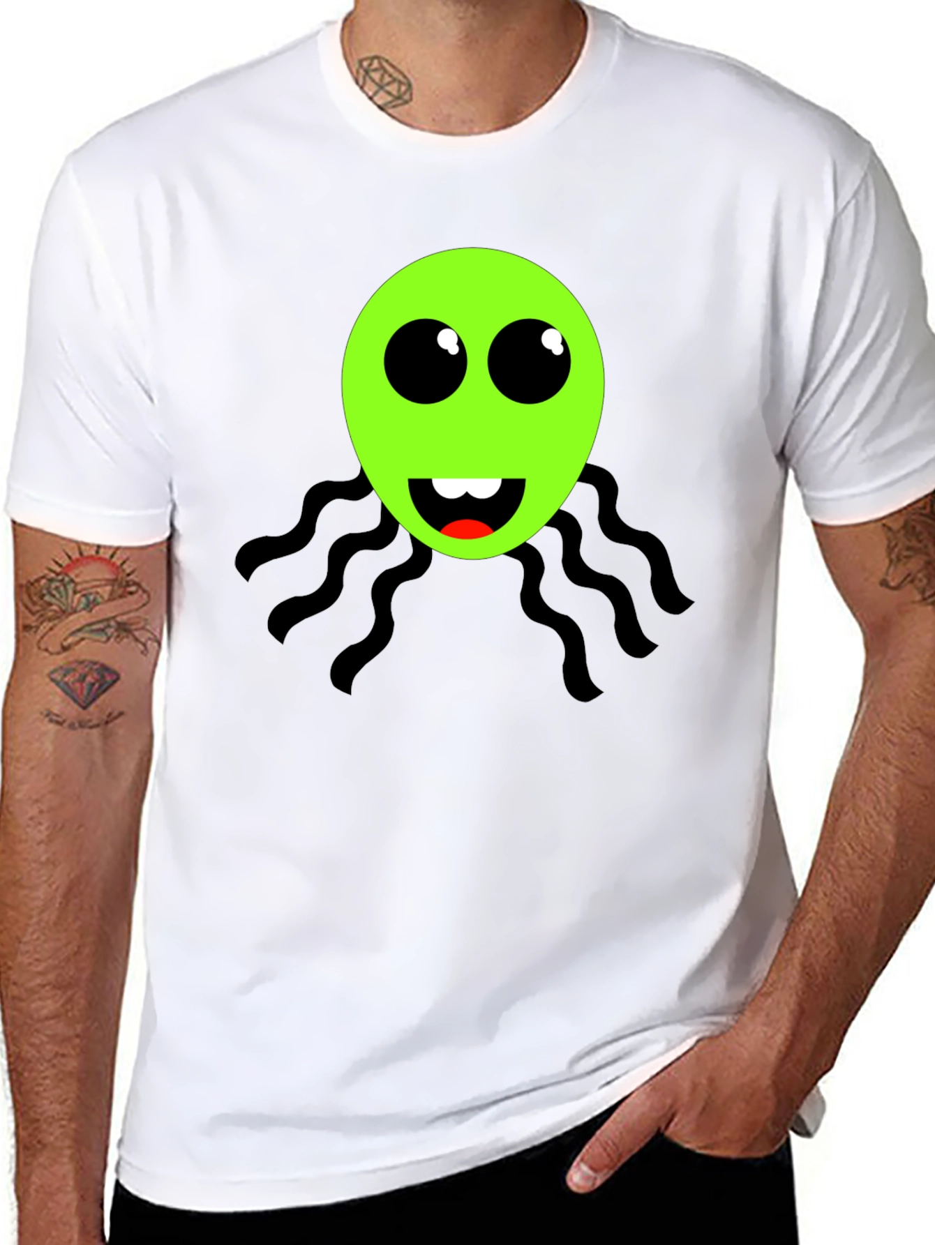 Funky Green Alien Face Black T-Shirt