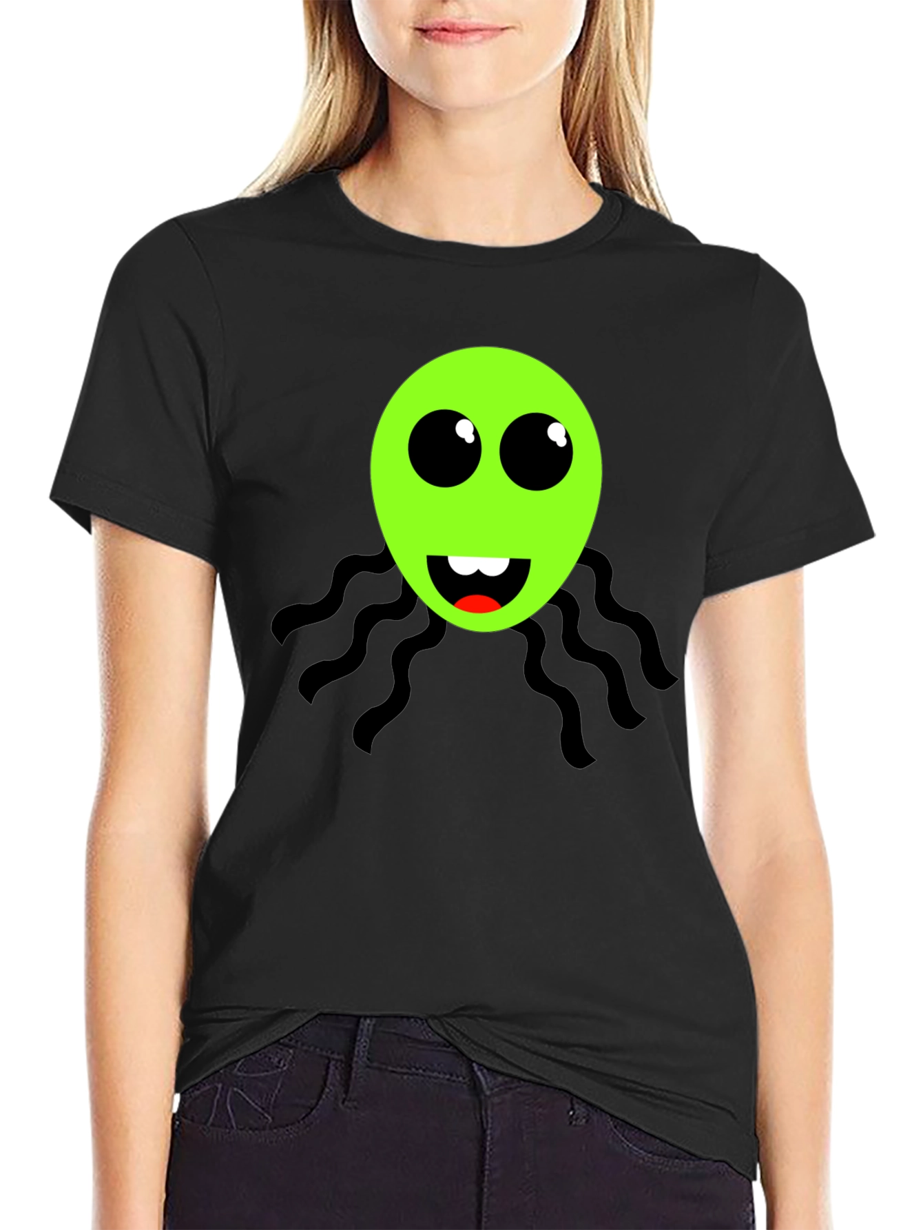 Funky Green Alien Face Black T-Shirt