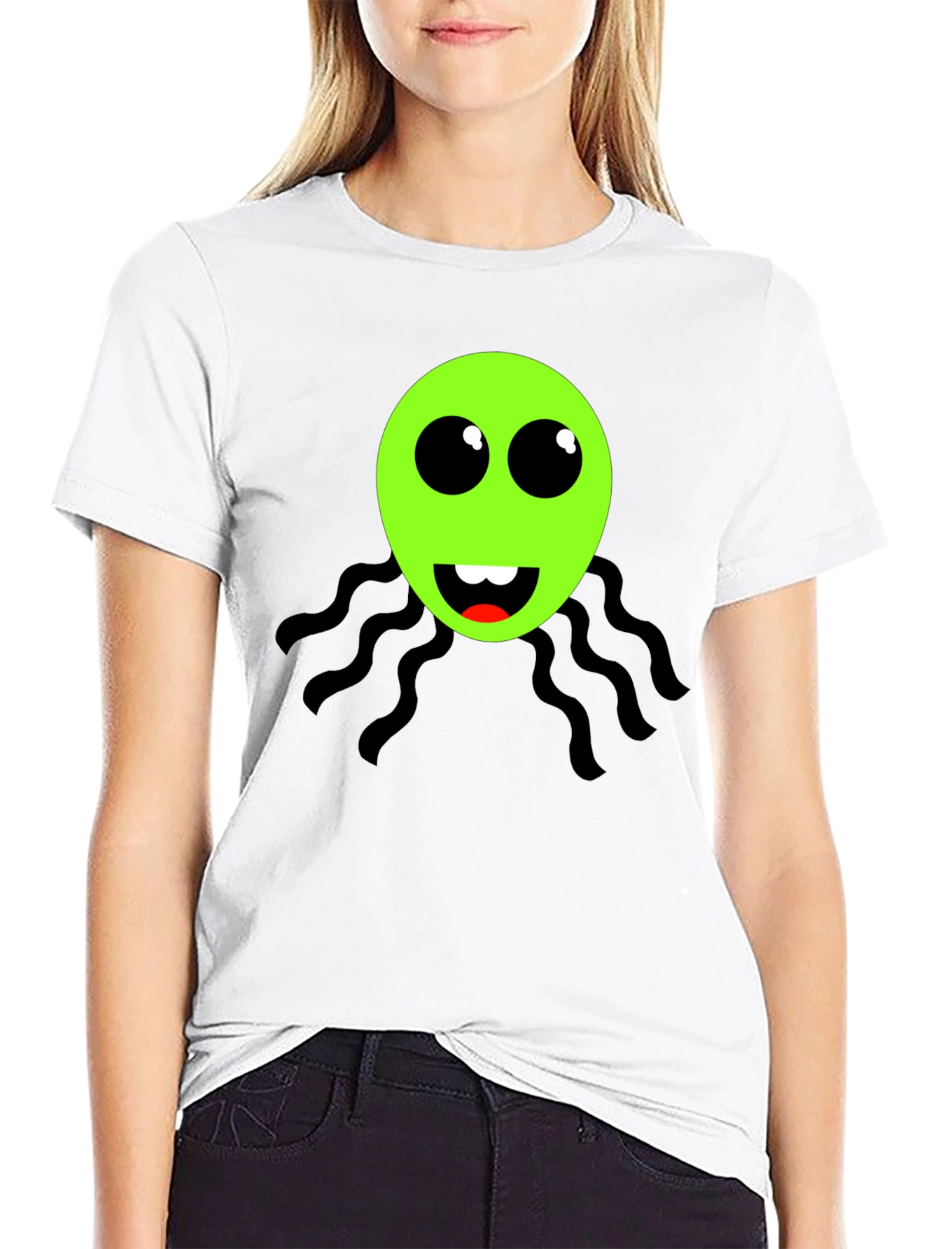 Funky Green Alien Face Black T-Shirt