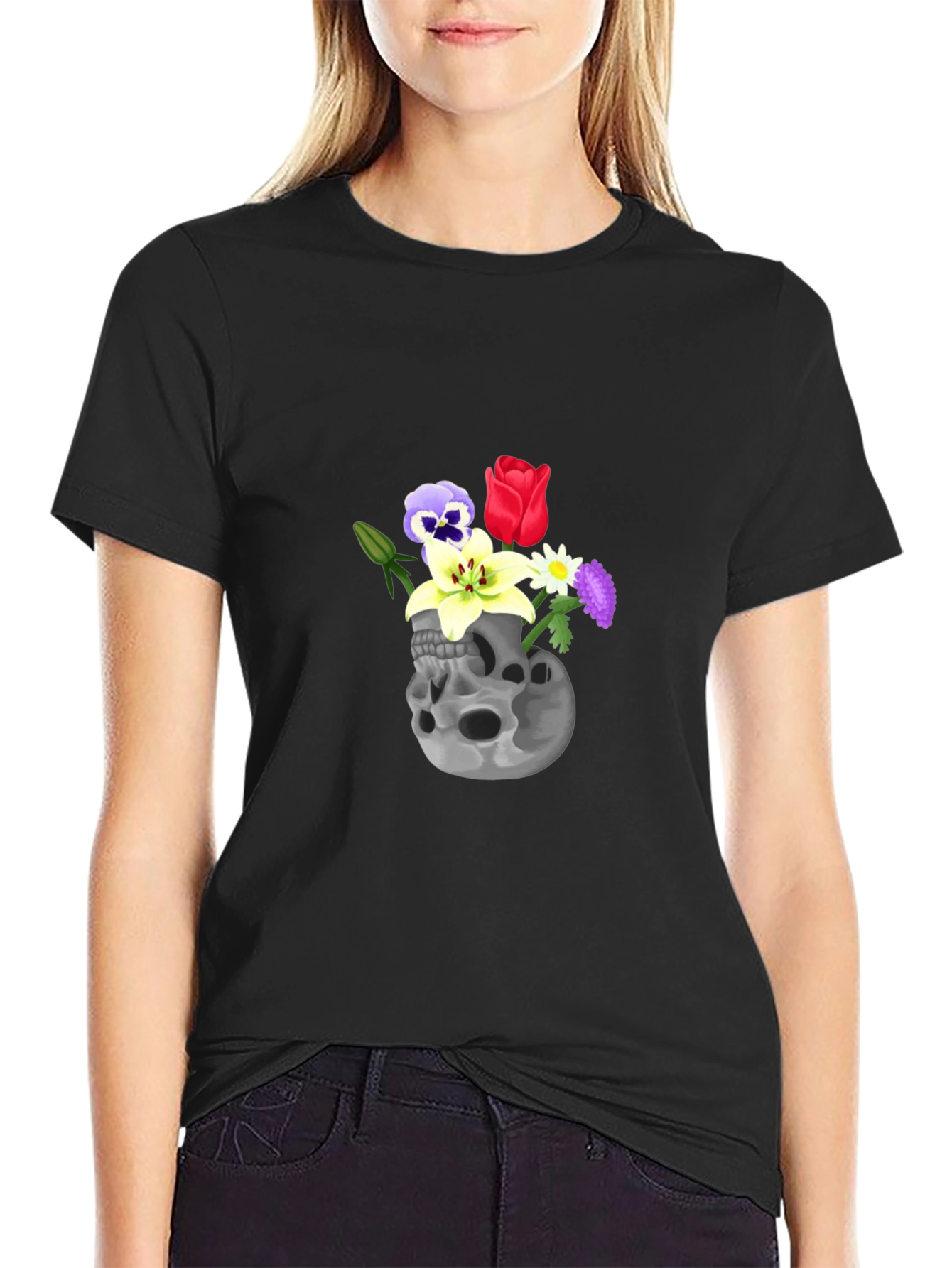Skull & Flowers Graphic Tee - Black Cotton T-Shirt