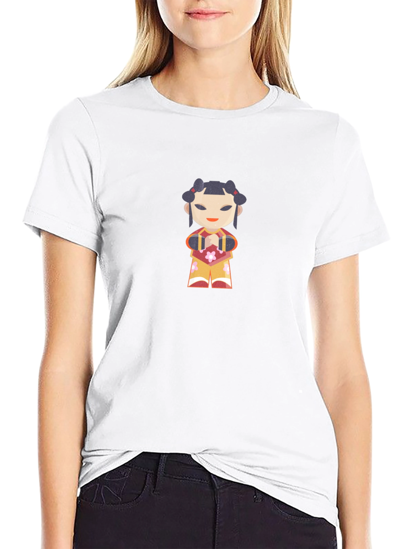 Black T-Shirt with Japanese Doll Graphic Print