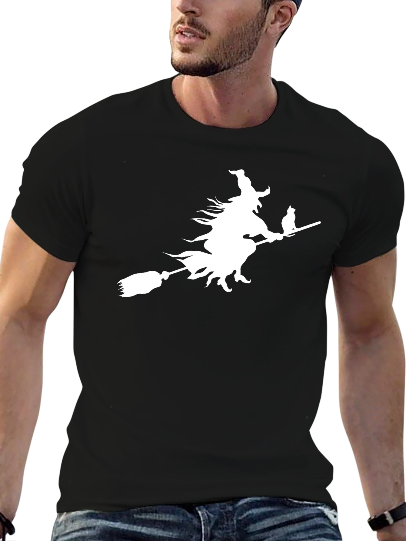 Witch Cat Broom T-Shirt Halloween Tee