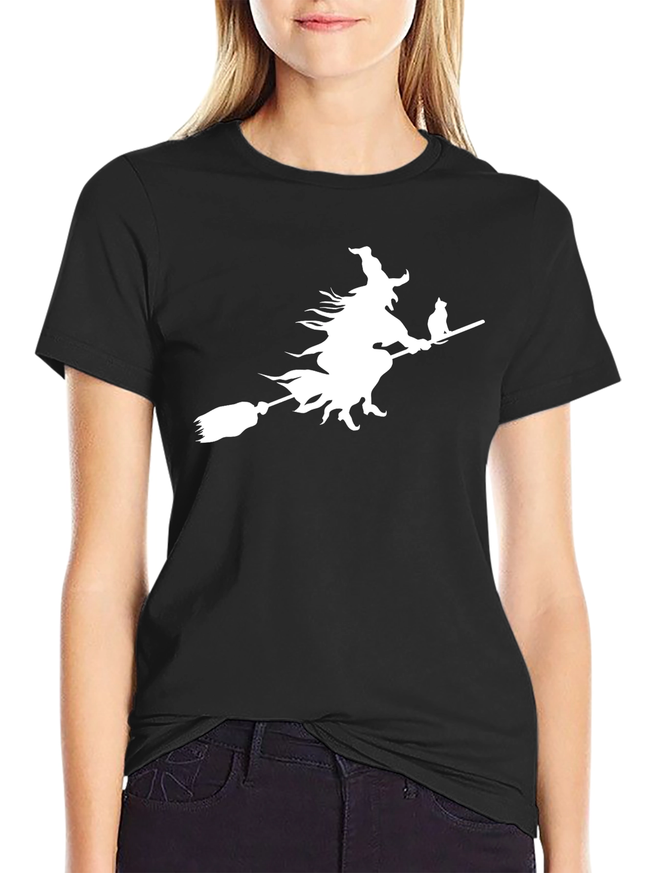 Witch Cat Broom T-Shirt Halloween Tee