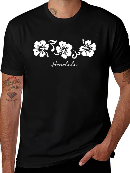 Honolulu Hibiscus Flower Graphic Tee - Black Cotton T-Shirt