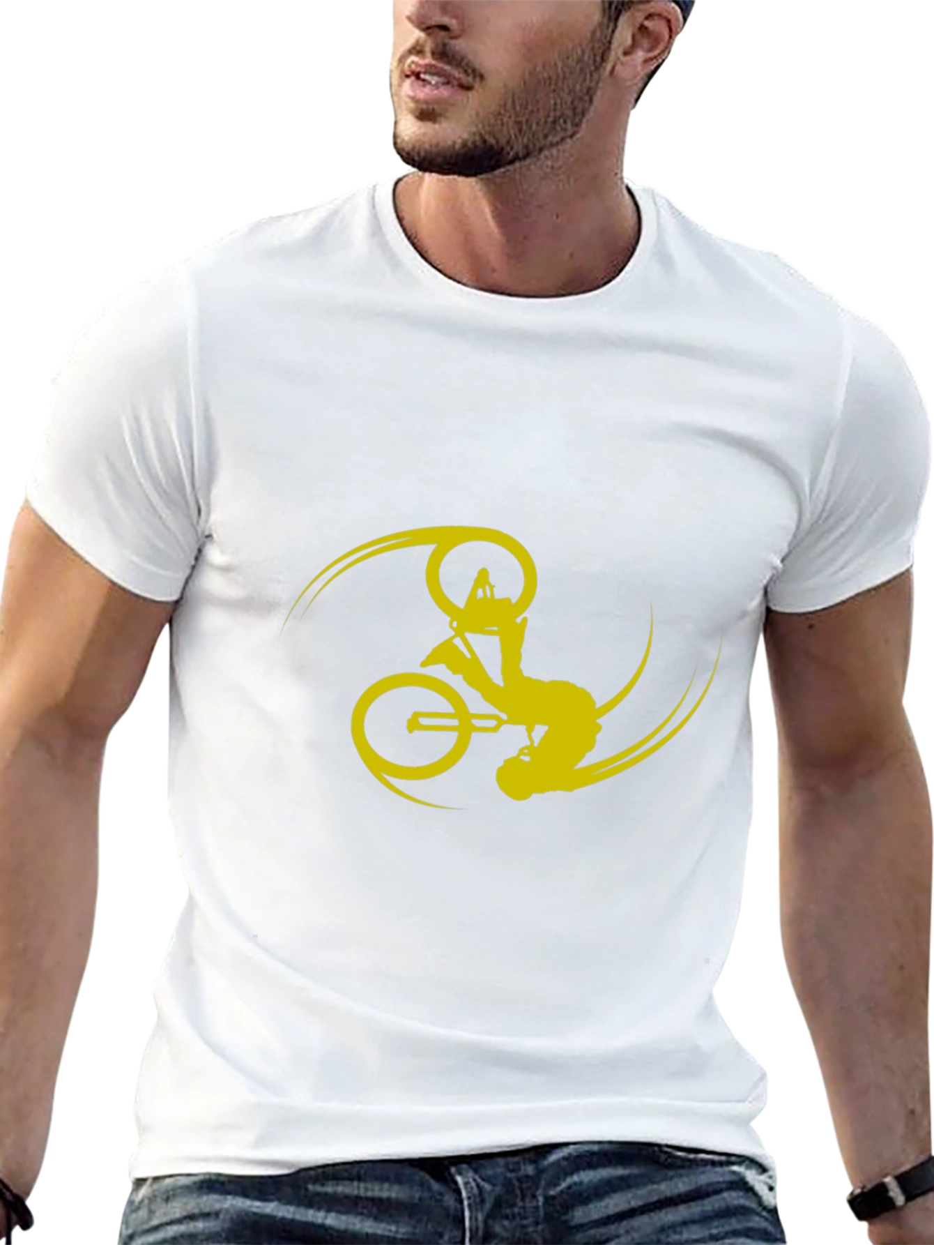 Black T-Shirt with Yellow Bike Stunt Design