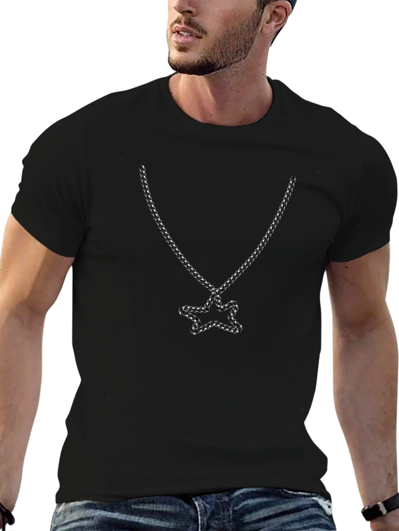Mens Black Tee with Star Chain Graphic