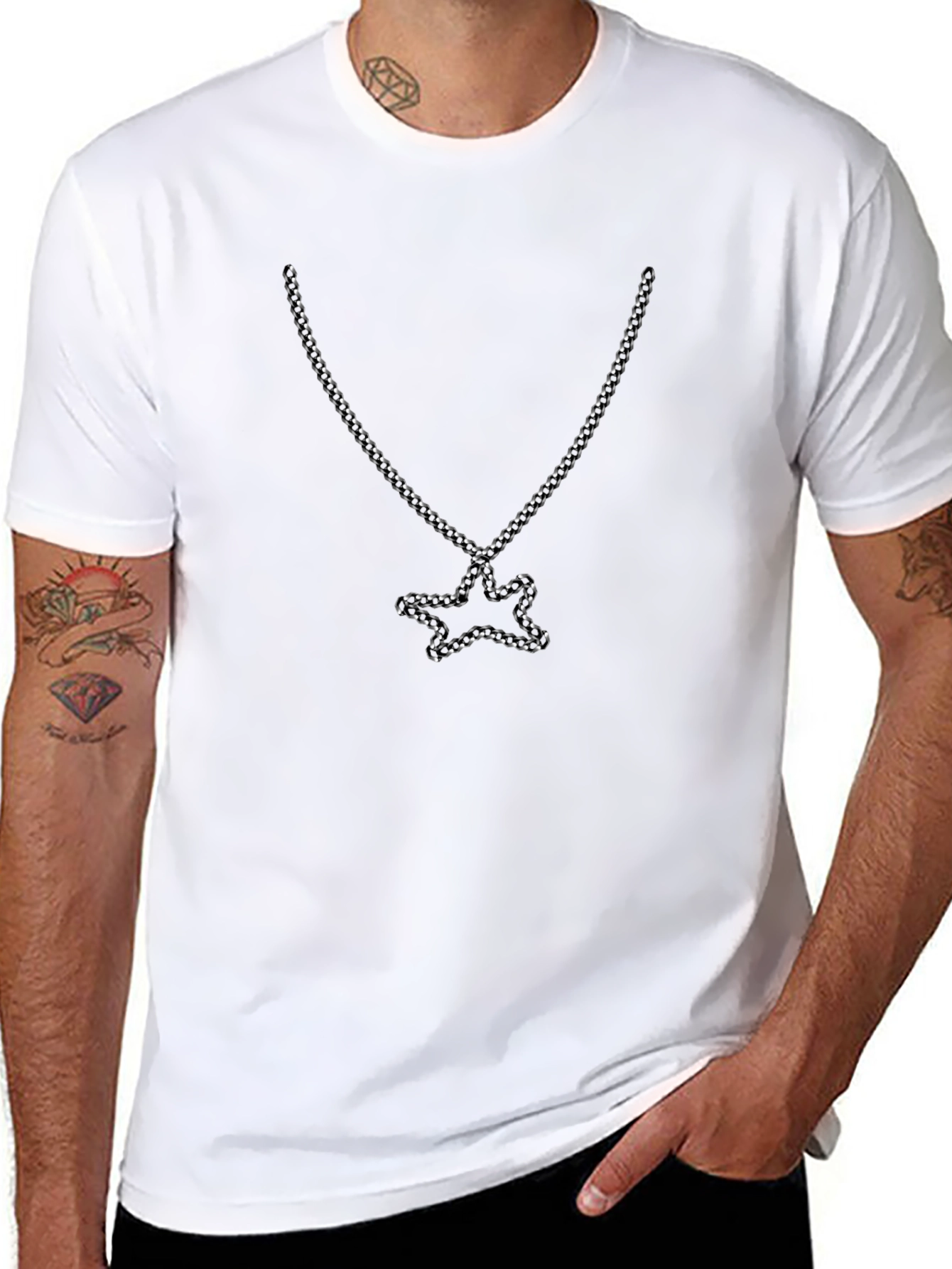 Mens Black Tee with Star Chain Graphic