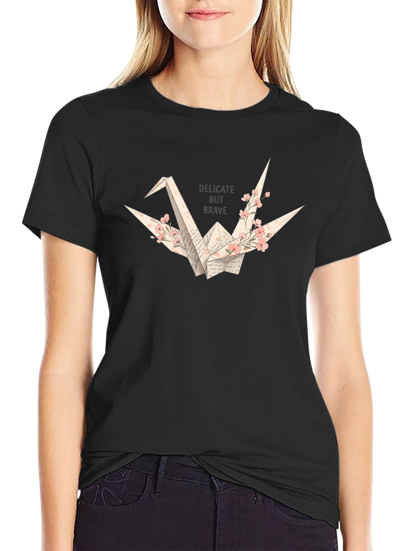 Delicate But Brave Origami Crane Black T-Shirt