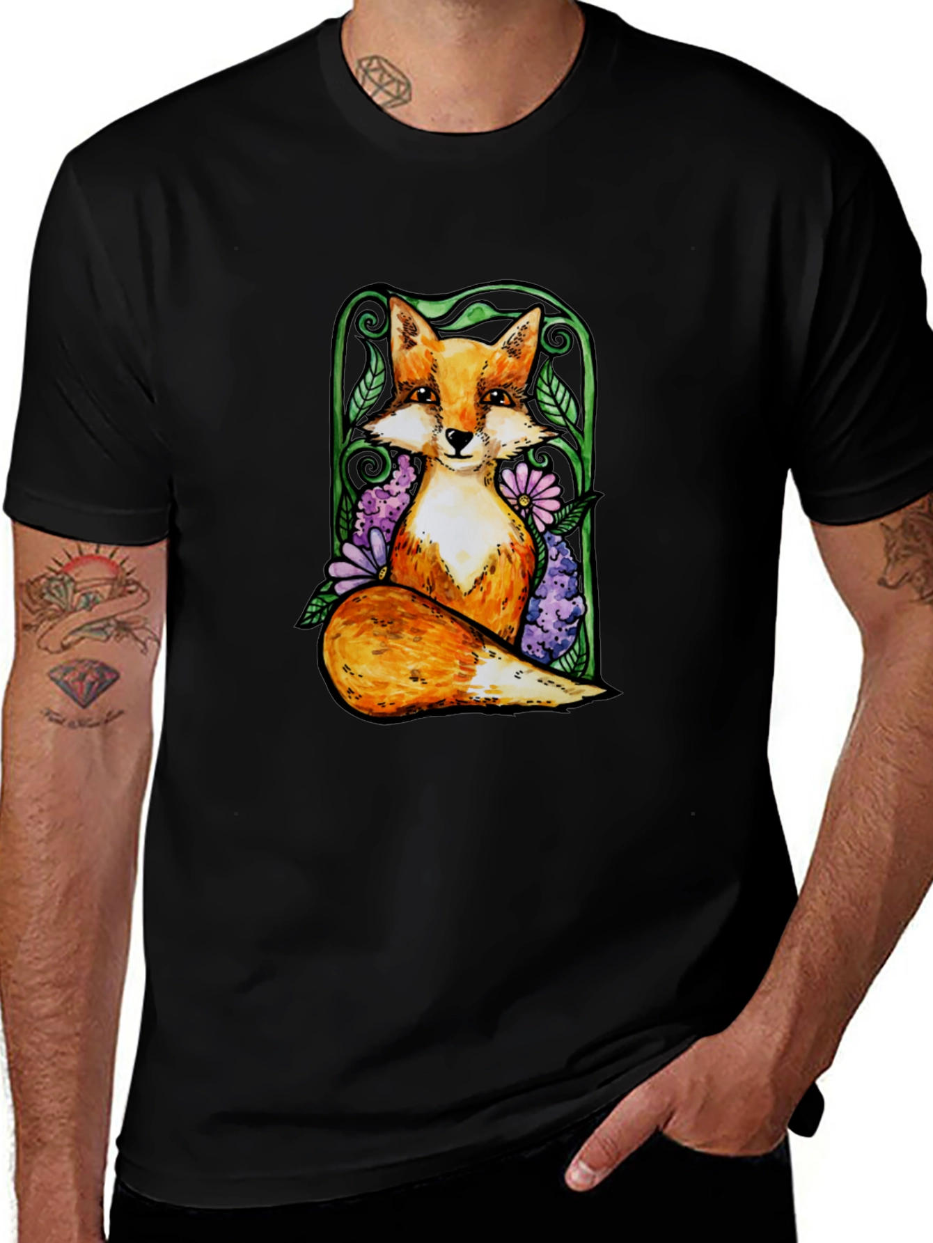 Fox and Floral Graphic Tee - Black