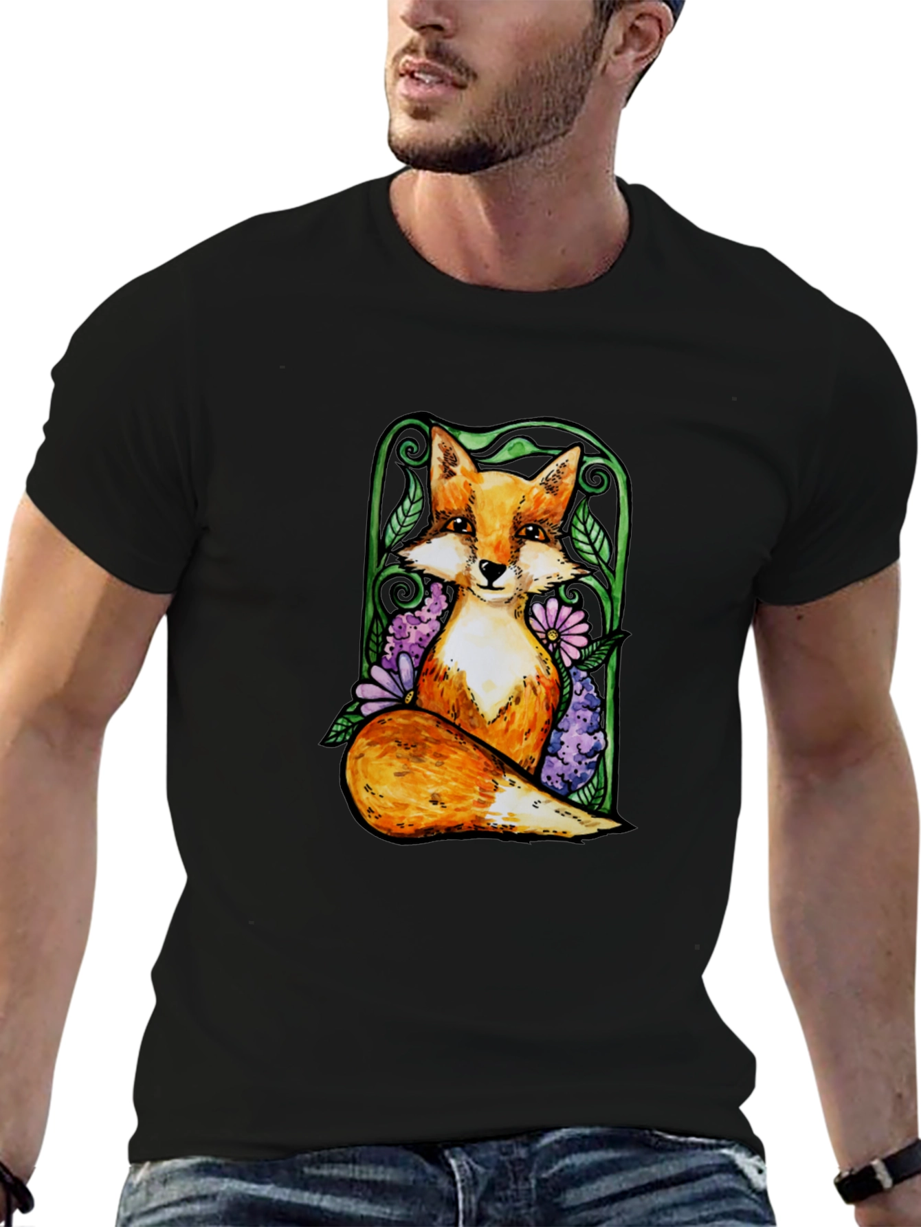 Fox and Floral Graphic Tee - Black