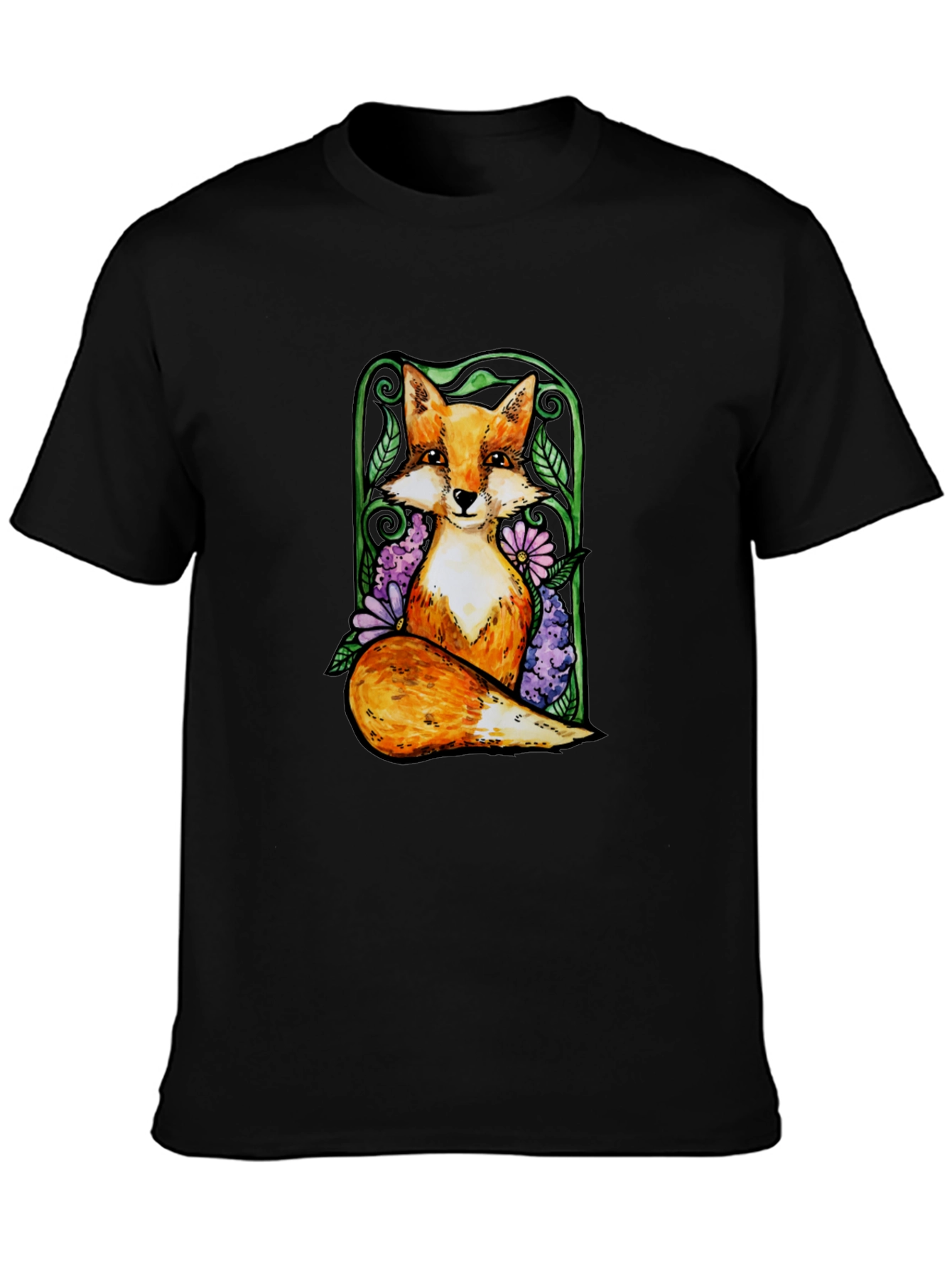 Fox and Floral Graphic Tee - Black