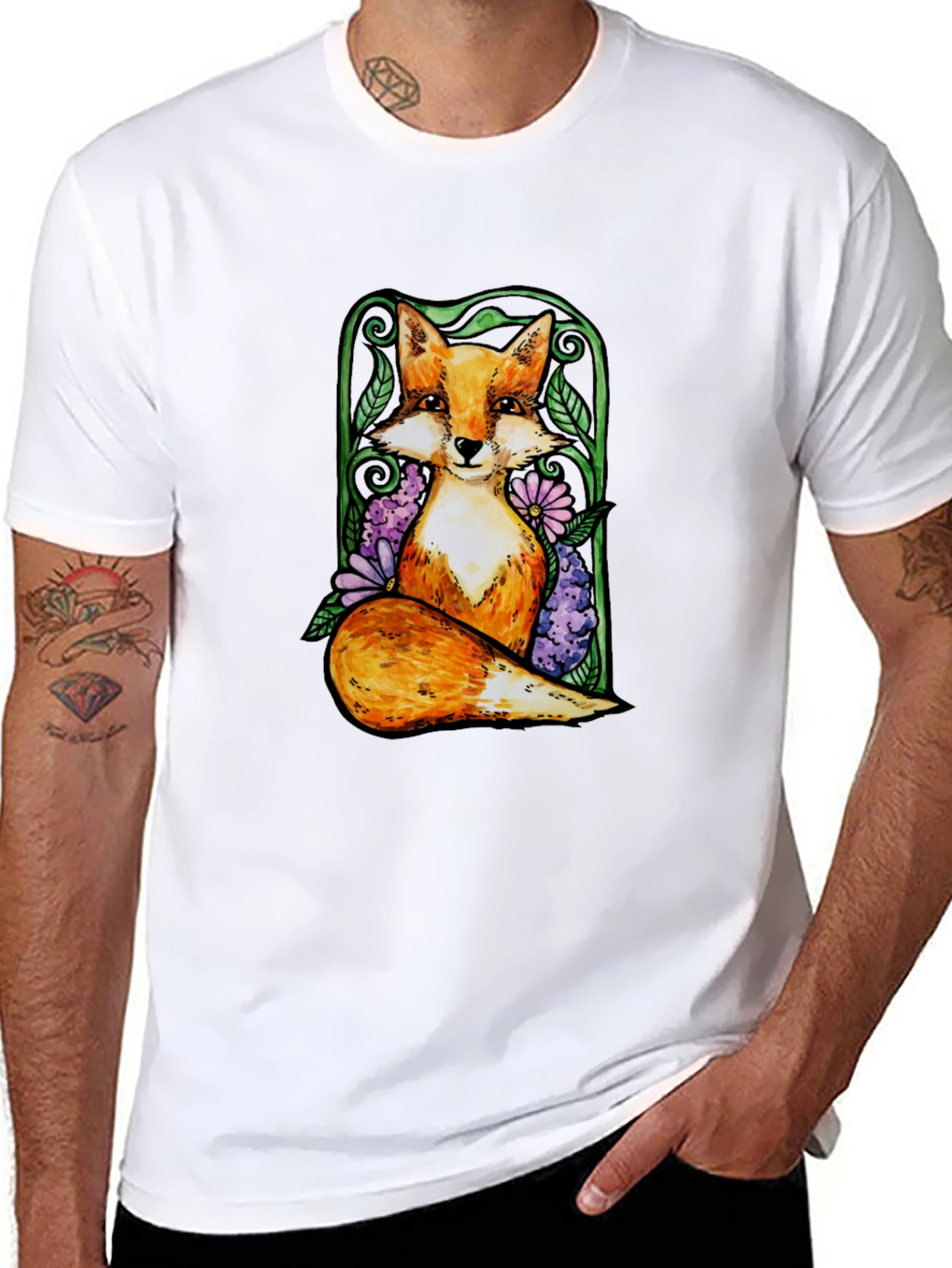 Fox and Floral Graphic Tee - Black