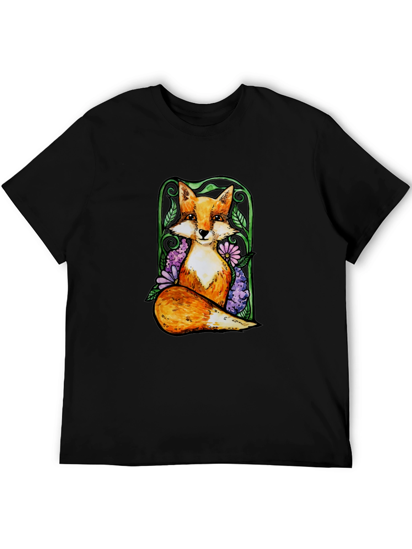 Fox and Floral Graphic Tee - Black