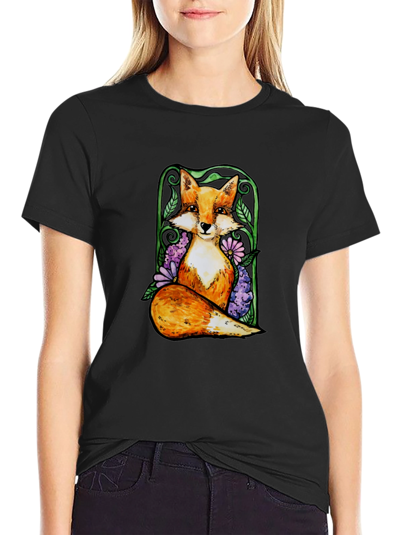 Fox and Floral Graphic Tee - Black