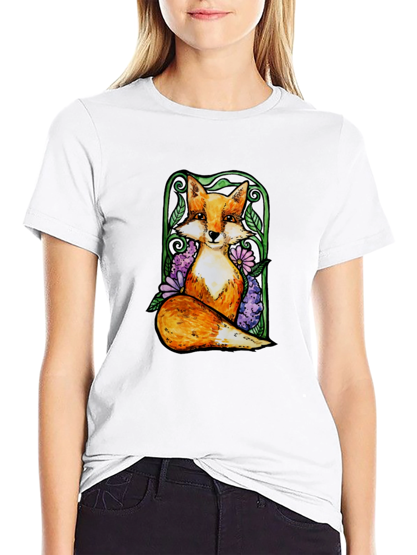 Fox and Floral Graphic Tee - Black