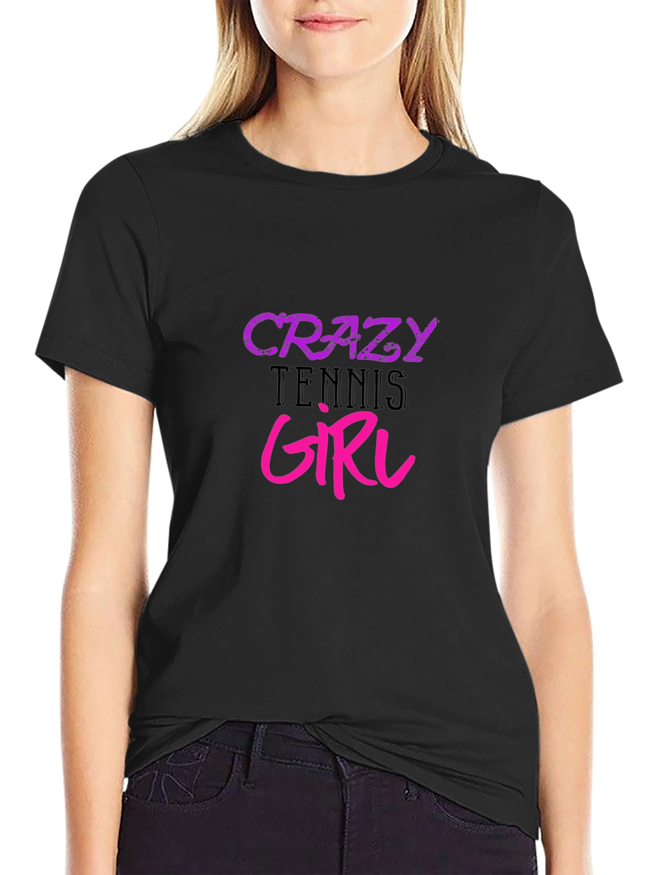 Crazy Tennis Girl Black T-Shirt