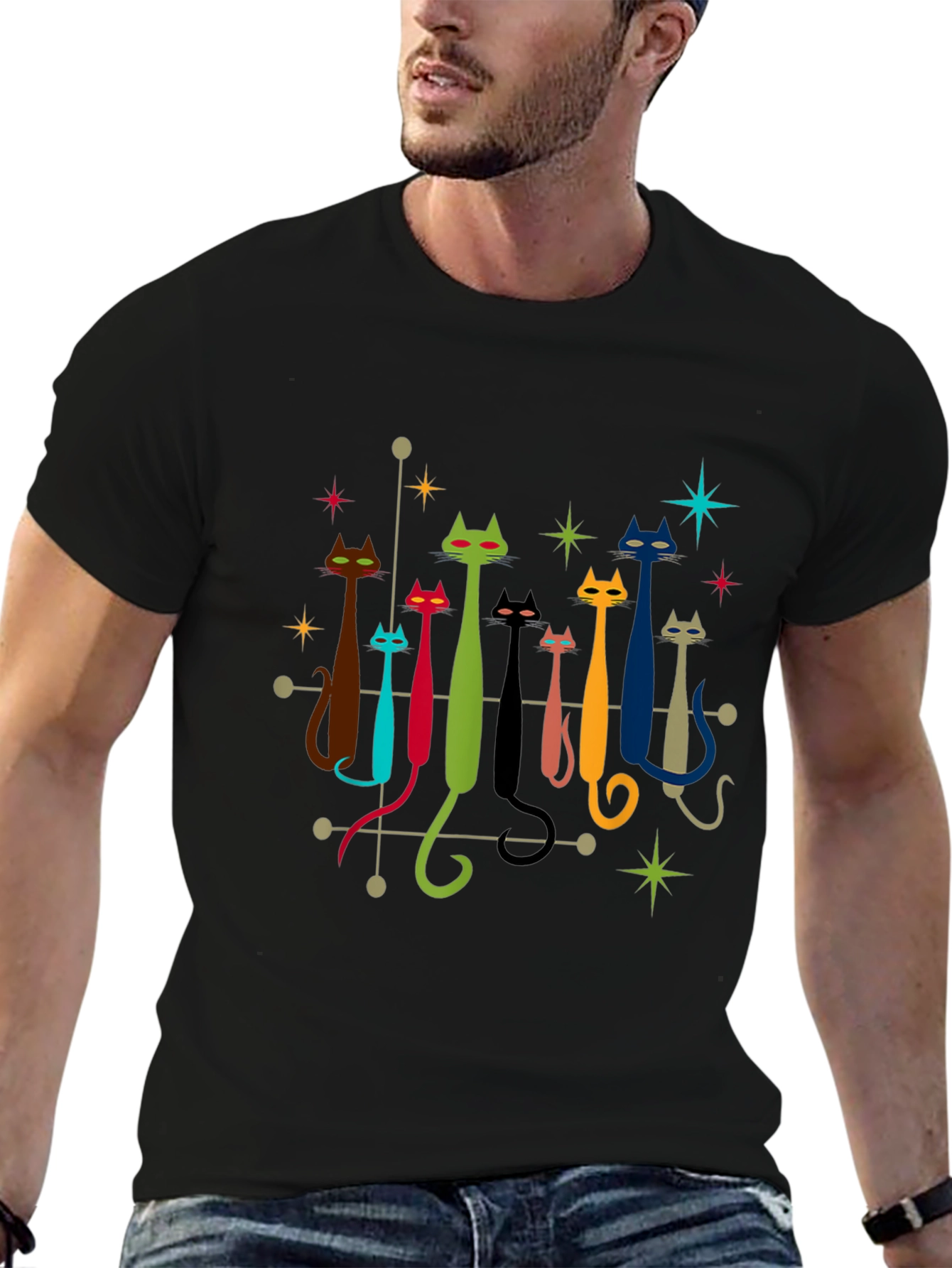 Retro Atomic Cats Black T-Shirt
