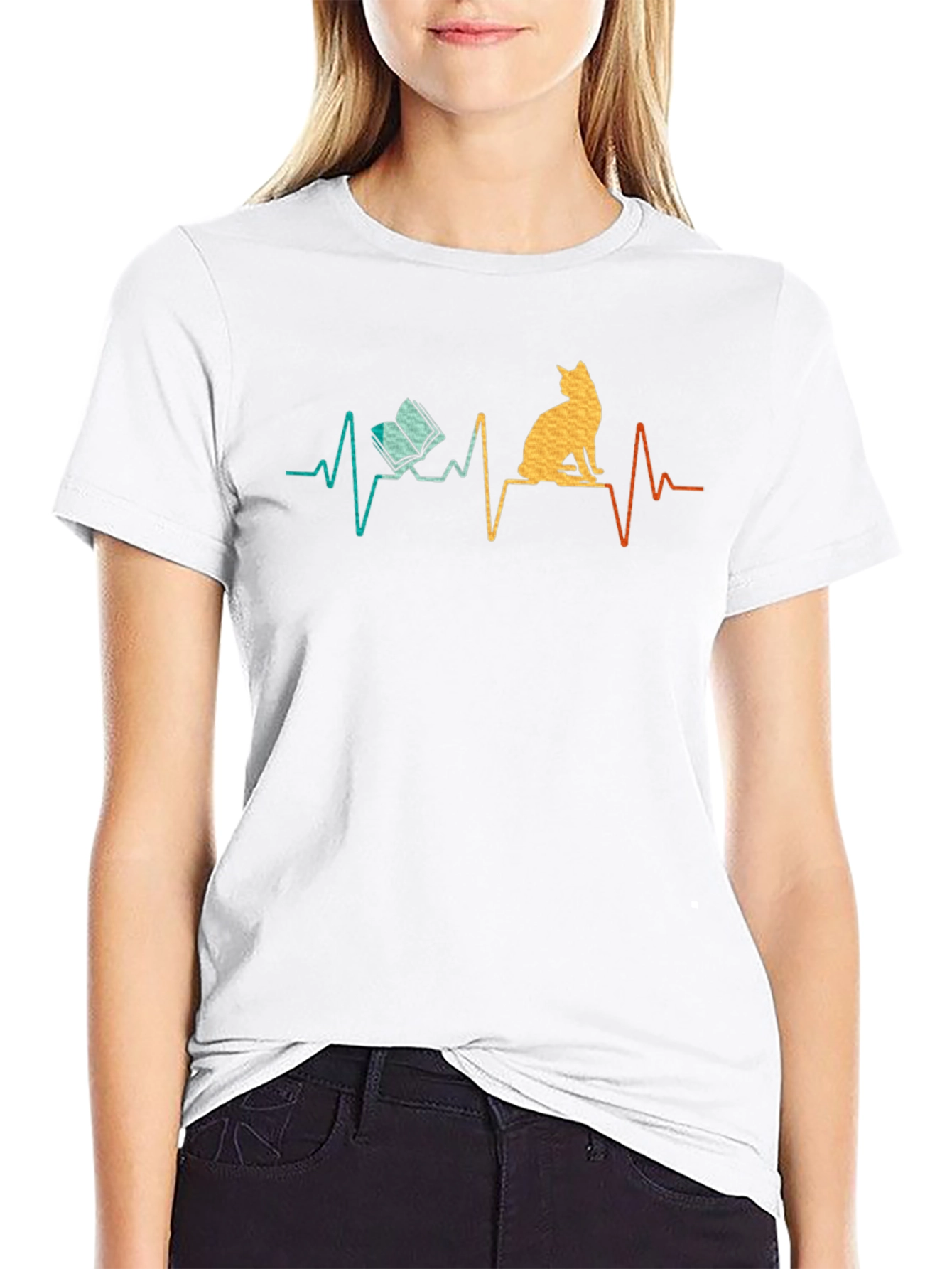 Cat & Book ECG Heartbeat T-Shirt