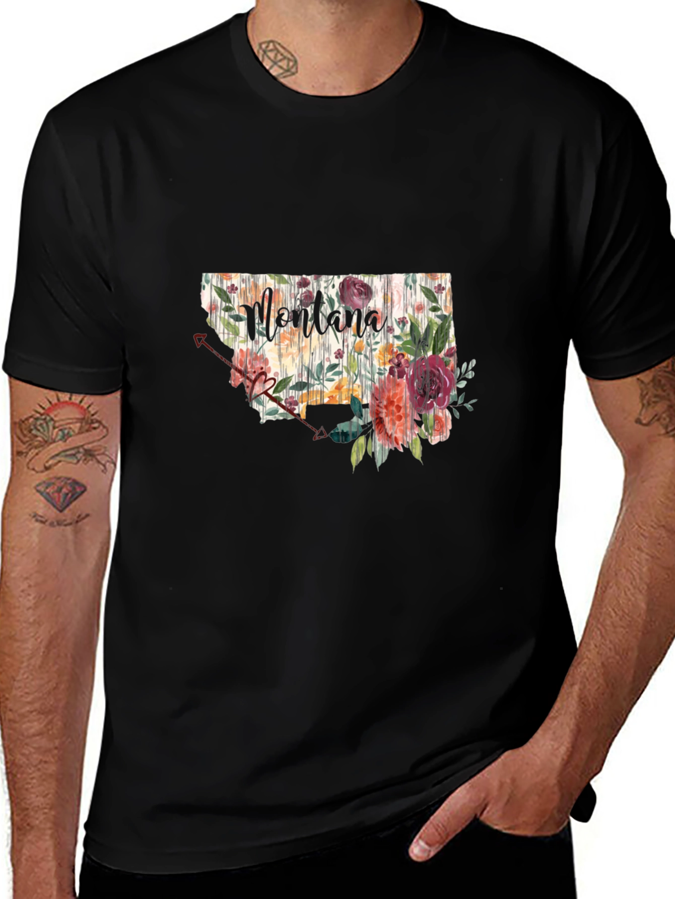 Floral Montana State Black T-Shirt