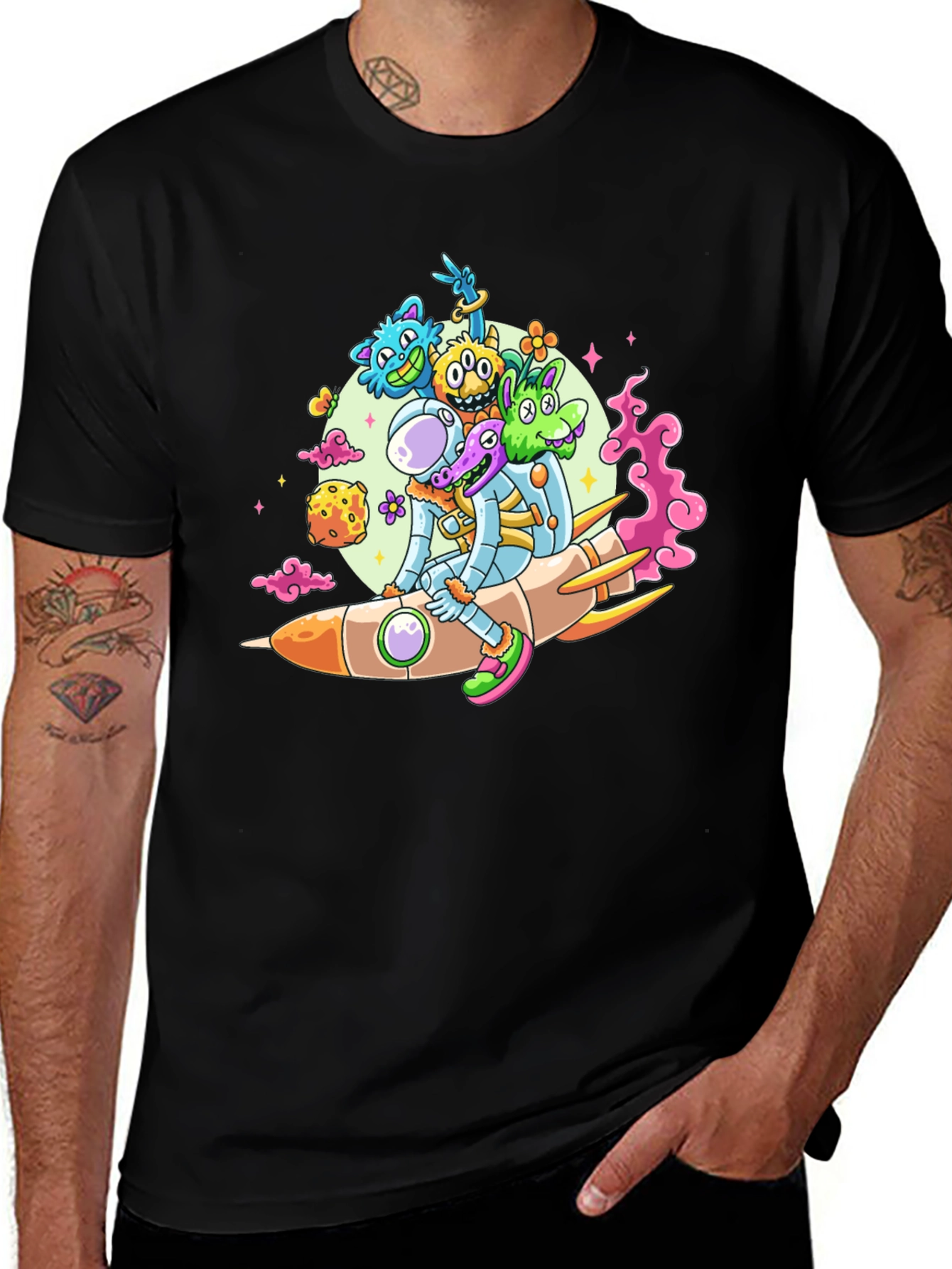 Astronaut & Alien Rocket Ride Graphic Tee - Black