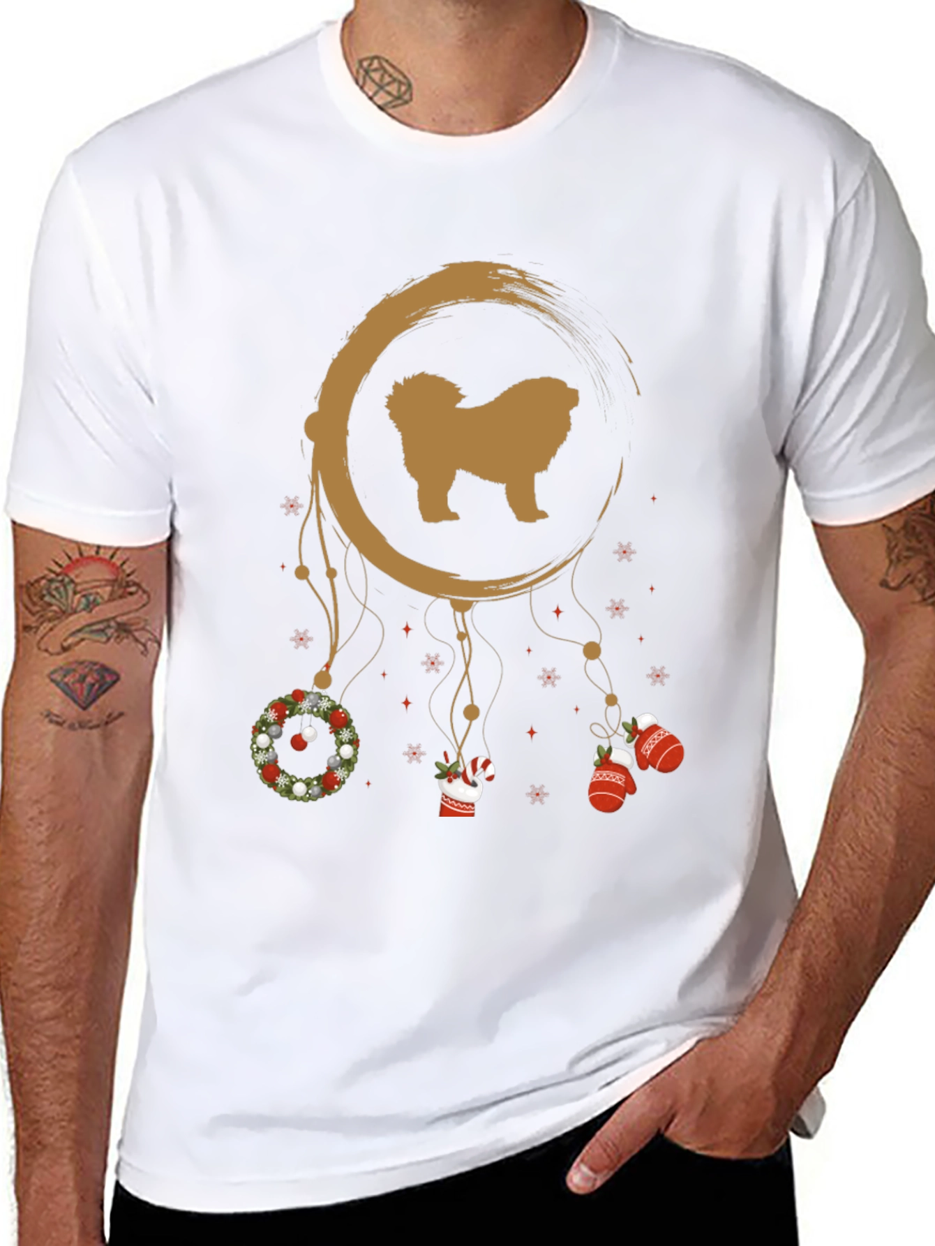 Festive Dog Dreamcatcher Graphic Tee - Christmas Holiday Shirt