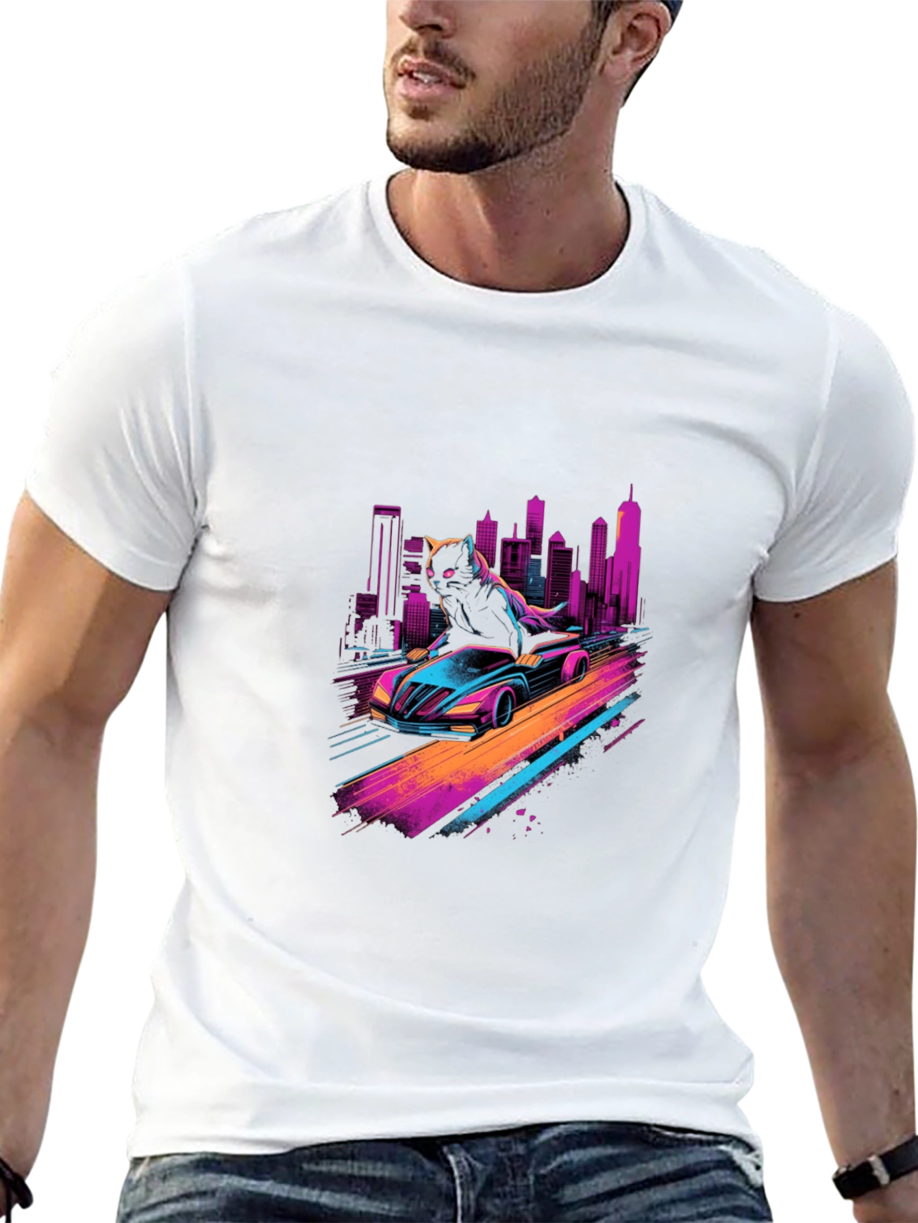 Cyber Cat Racing T-Shirt - Retro Wave Style