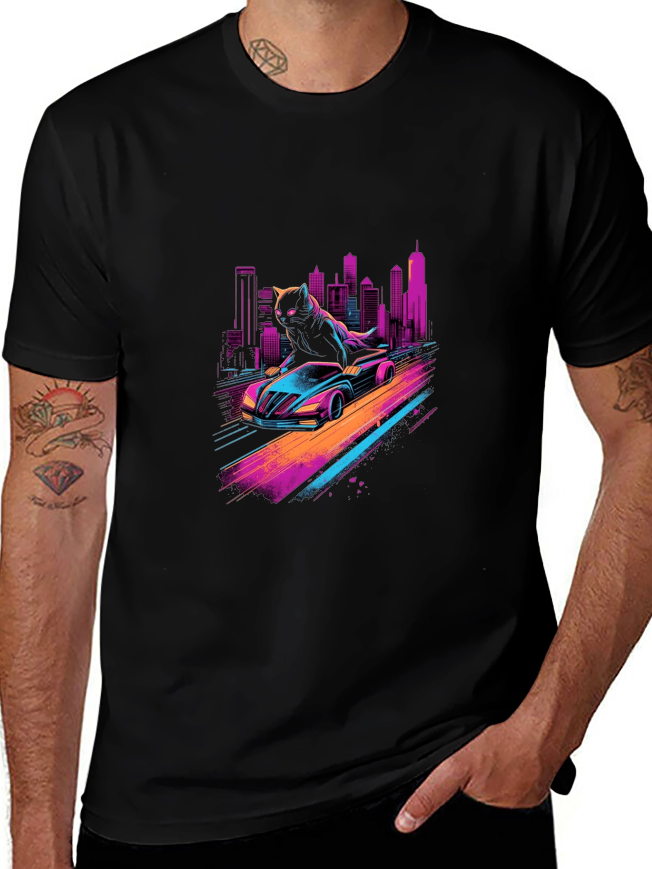 Cyber Cat Racing T-Shirt - Retro Wave Style