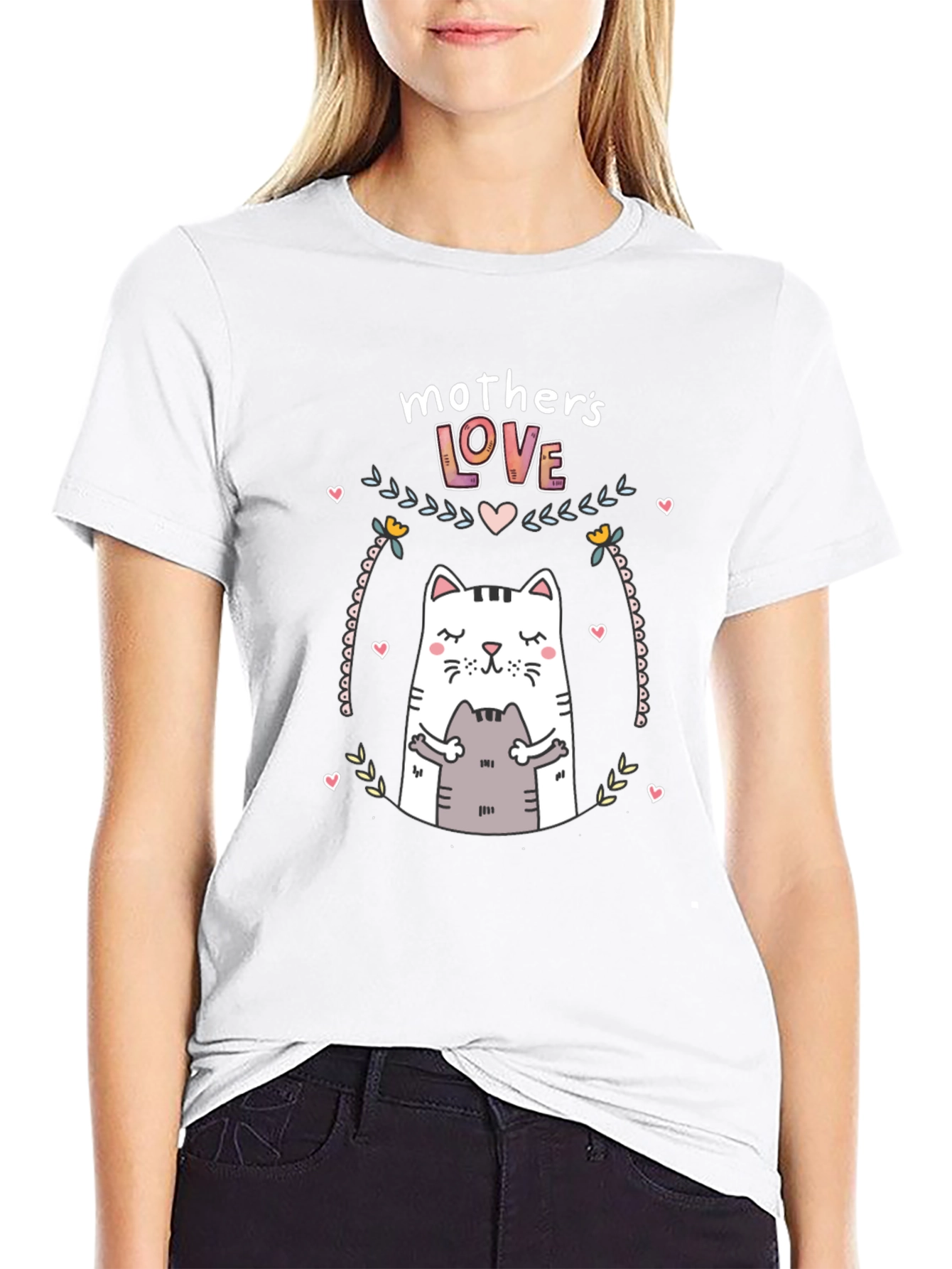 Mothers Love Cat Graphic Black T-Shirt