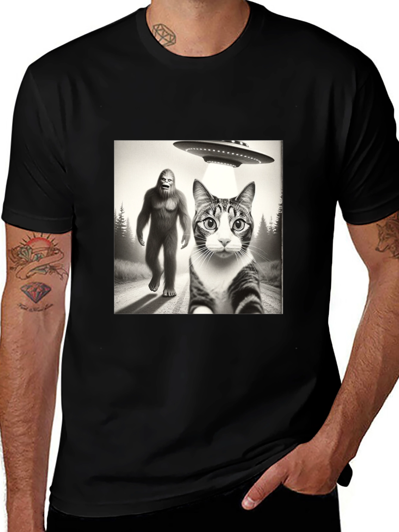 Sasquatch UFO & Cat T-Shirt - Black Novelty Tee