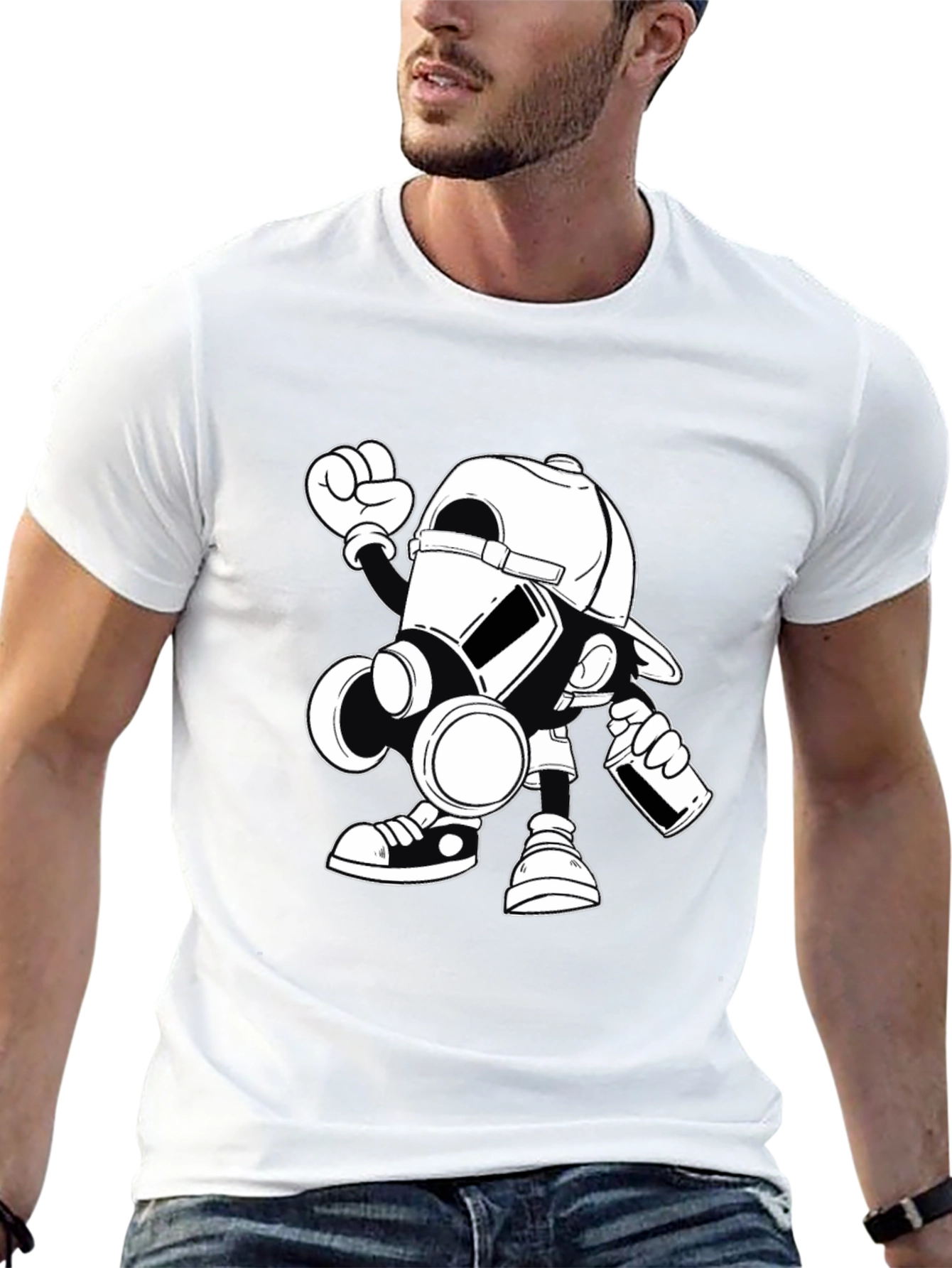 Gas Mask Cartoon Graphic Print Black T-Shirt