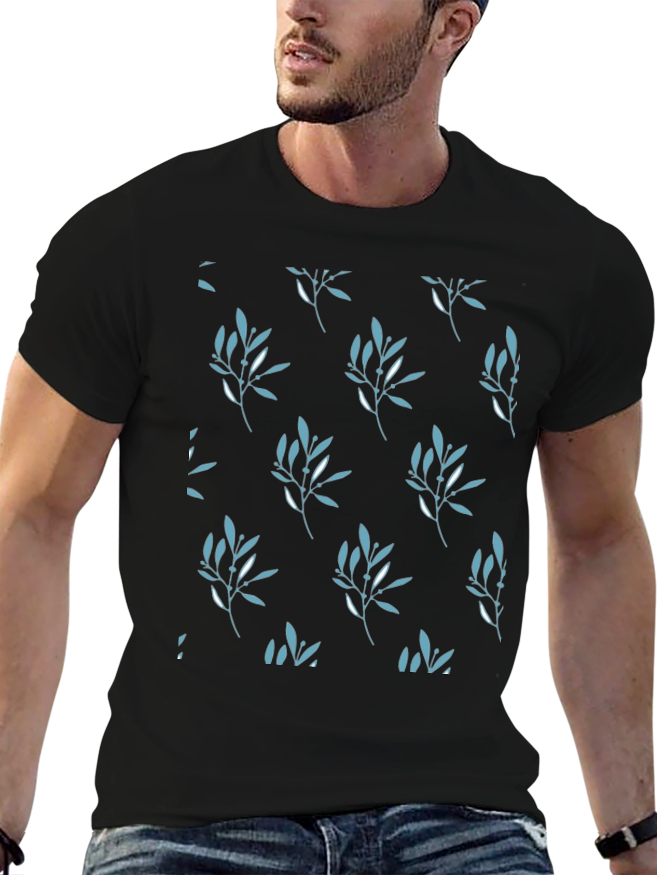 Mens Black Leaf Patterned T-Shirt
