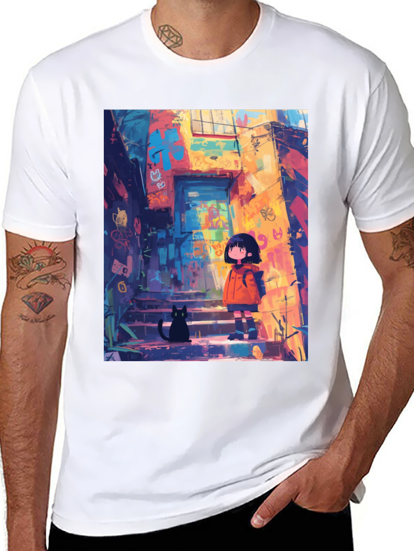 Anime Girl & Cat Black T-Shirt