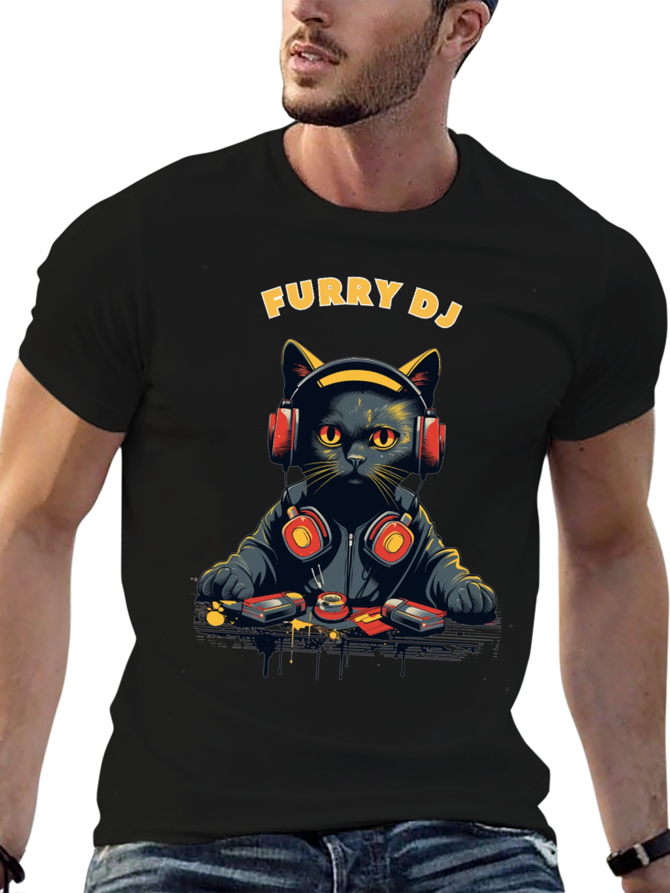 Furry DJ Cat Graphic Tee - Black T-Shirt