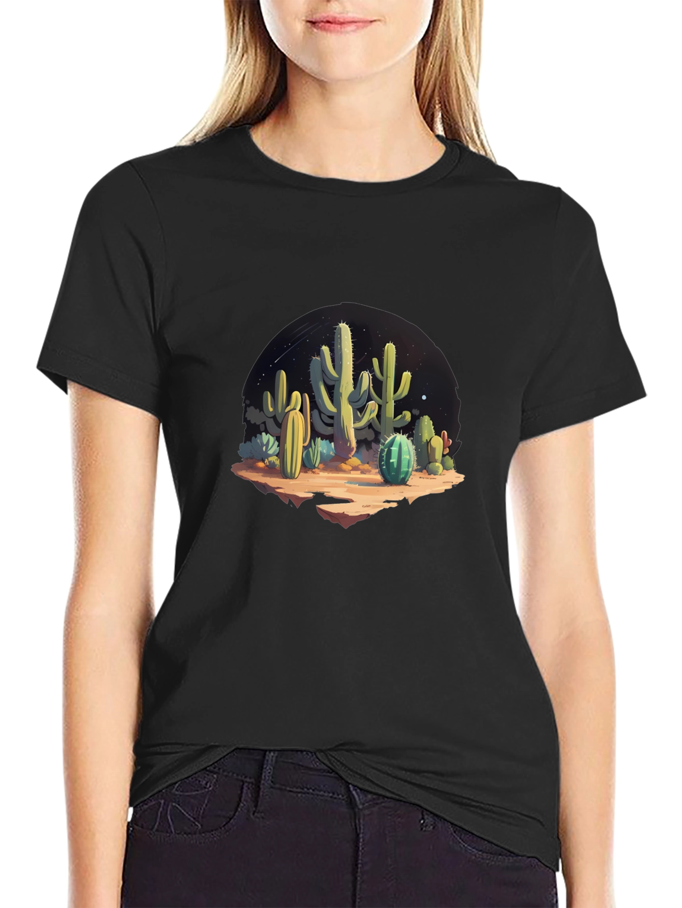 Cactus Desert Scene Black Graphic Tee
