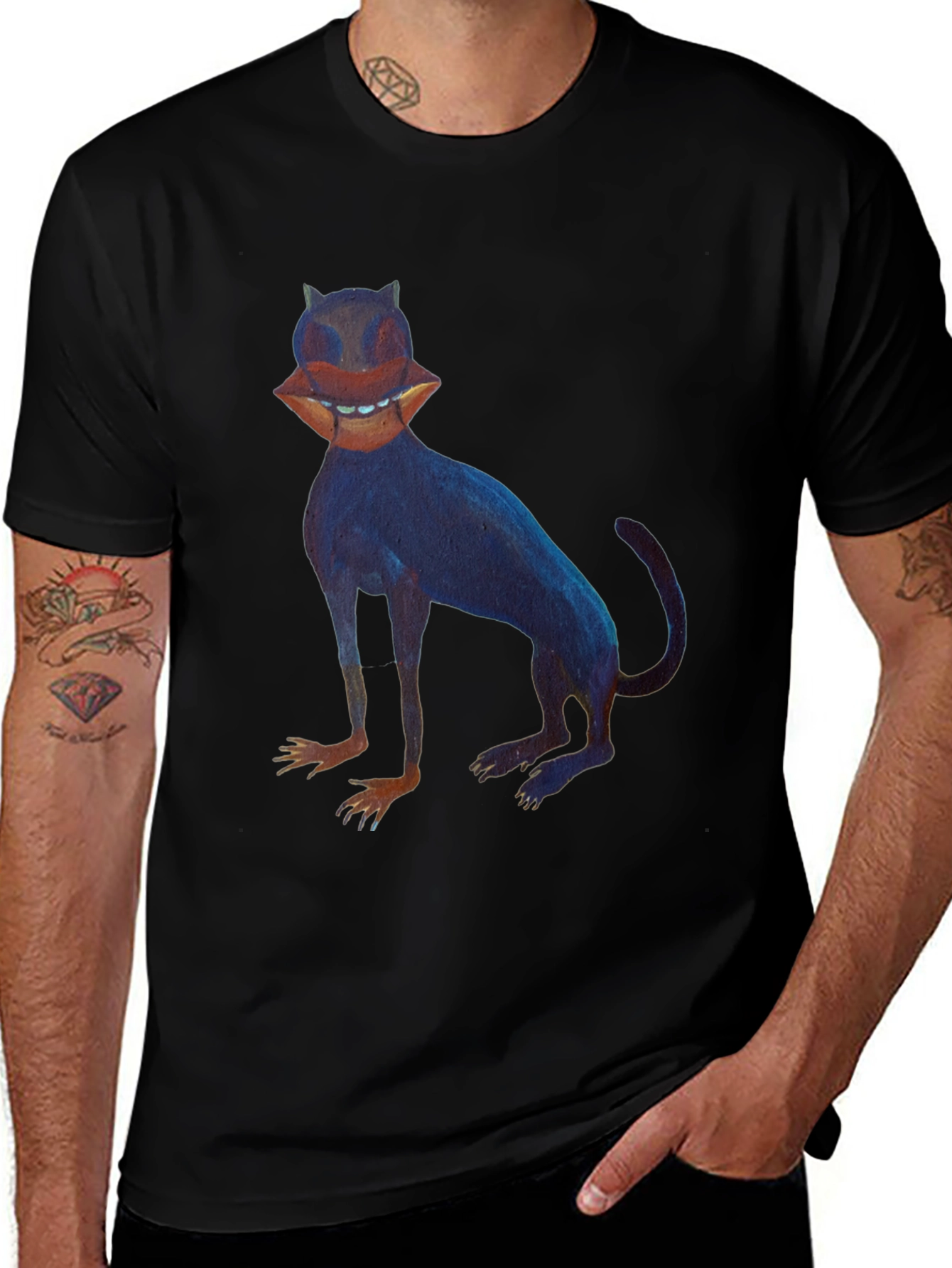 Surreal Cat Graphic Tee - Unique Black T-Shirt