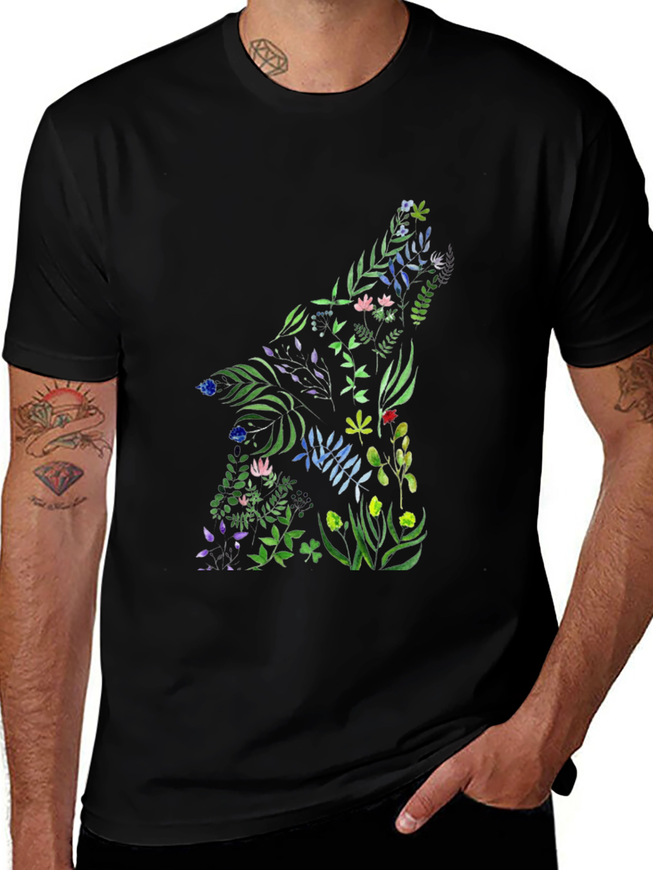 Floral Wolf Graphic Black T-Shirt