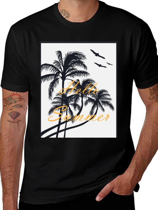 Hello Summer Black T-Shirt with Palm Tree Design