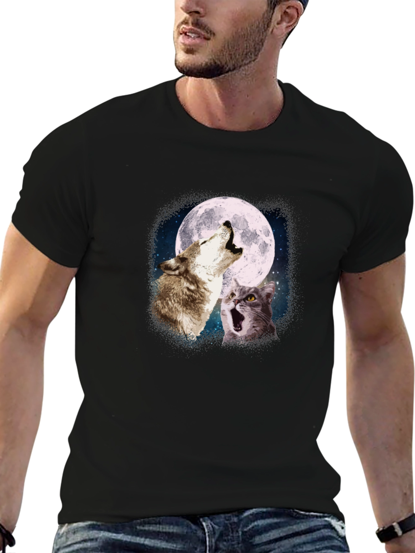Wolf & Cat Moon Howl T-Shirt - Black