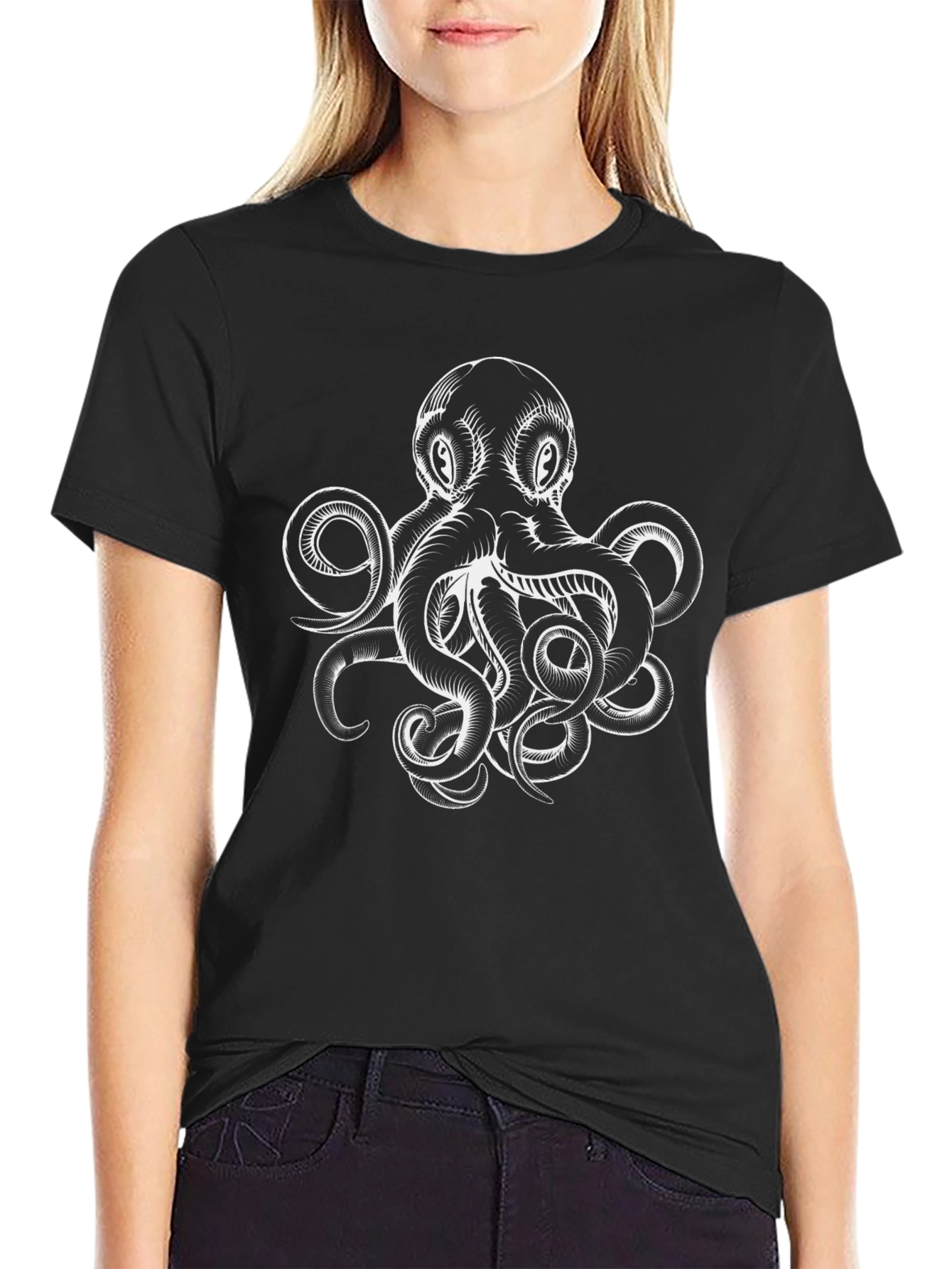 Octopus Graphic Print Black Cotton T-Shirt