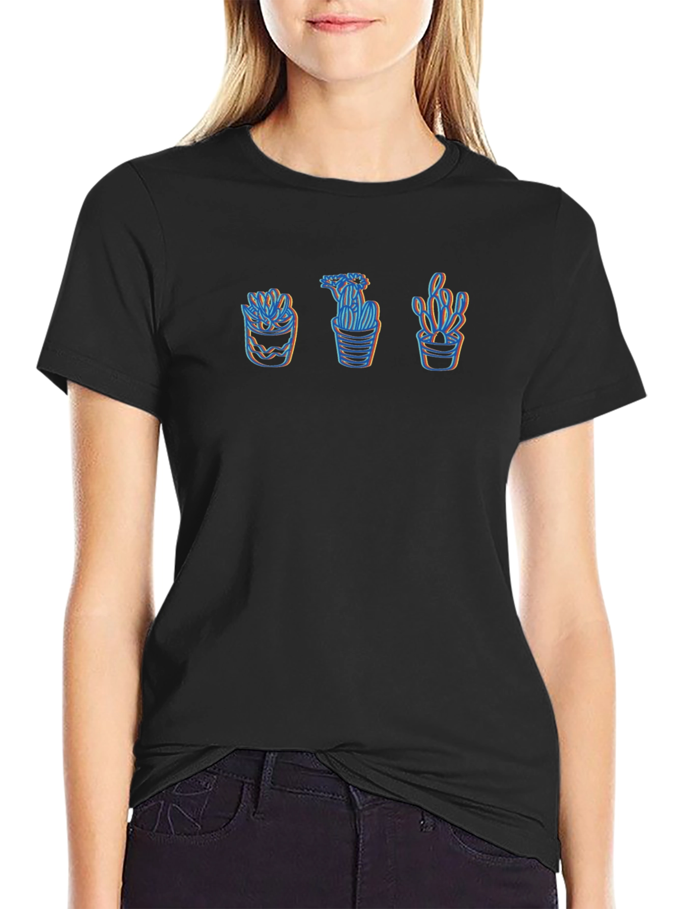 Neon Cactus Print Black T-Shirt