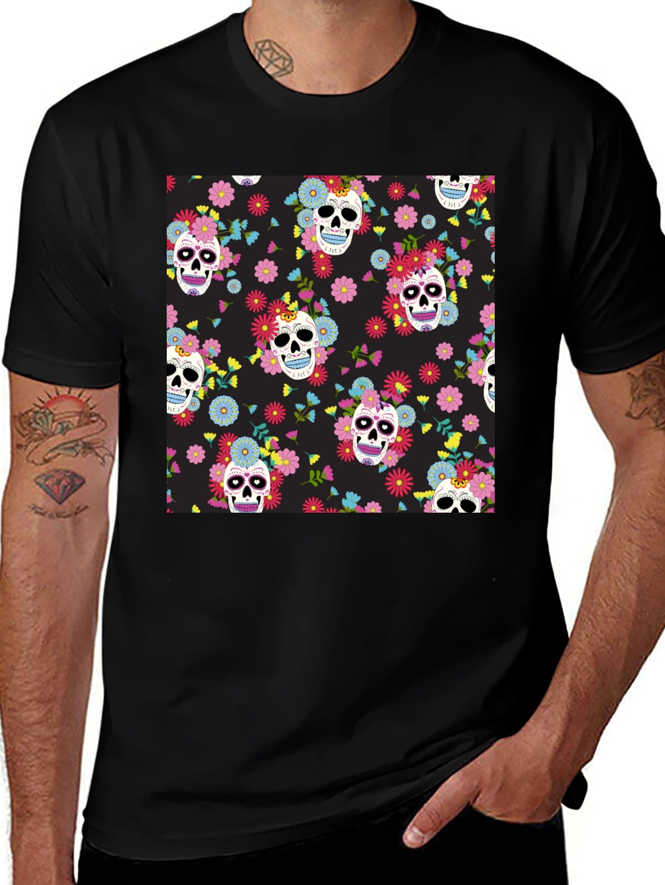 Skull & Floral Print Black T-Shirt
