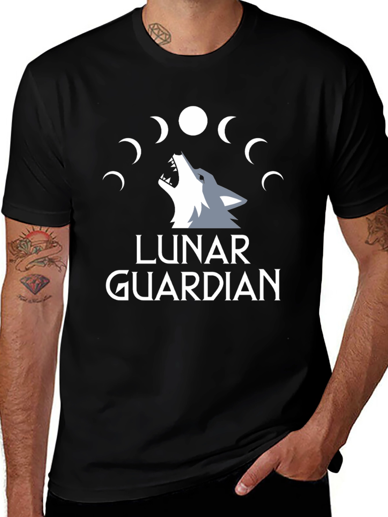 Lunar Guardian Wolf Graphic Tee - Black Cotton T-Shirt